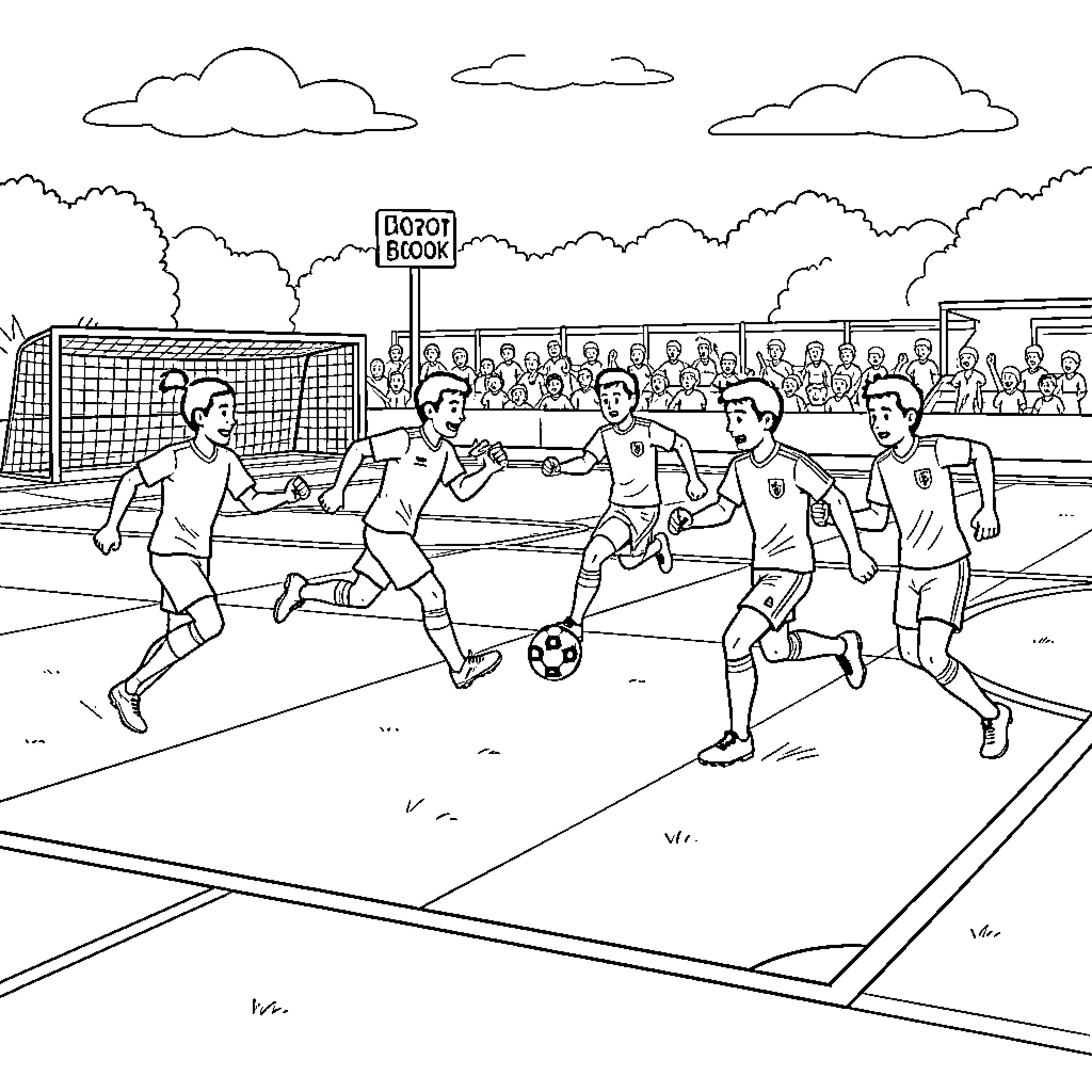 Soccer players competing intensely during a match Coloring Page (free black-and-white line drawing printable PDF for all, from beginners to advanced learners, including children, teens, adults, and seniors)