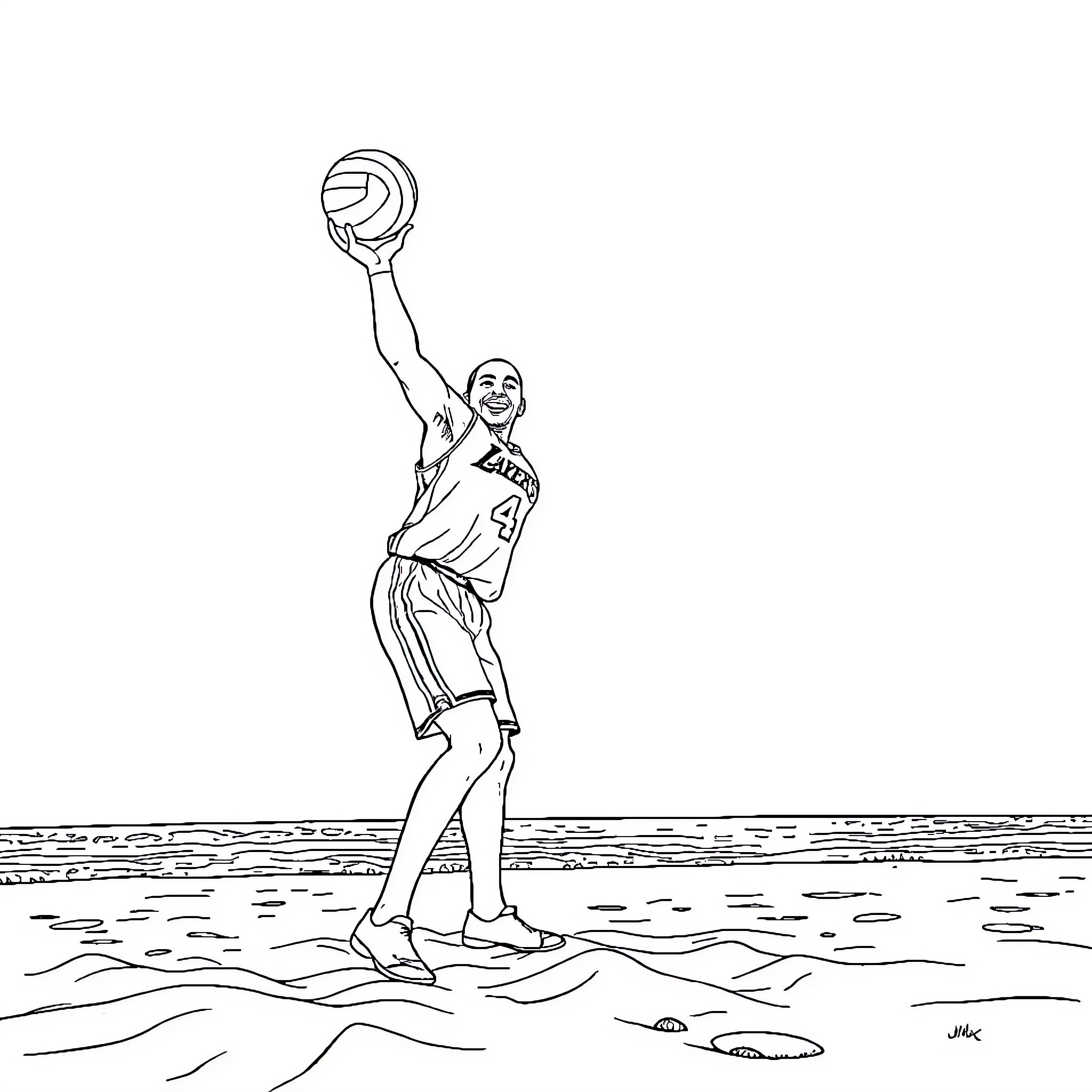 Kobe Bryant Shooting Basketball on the Beach Coloring Page (free black-and-white line drawing printable PDF for all, from beginners to advanced learners, including children, teens, adults, and seniors)