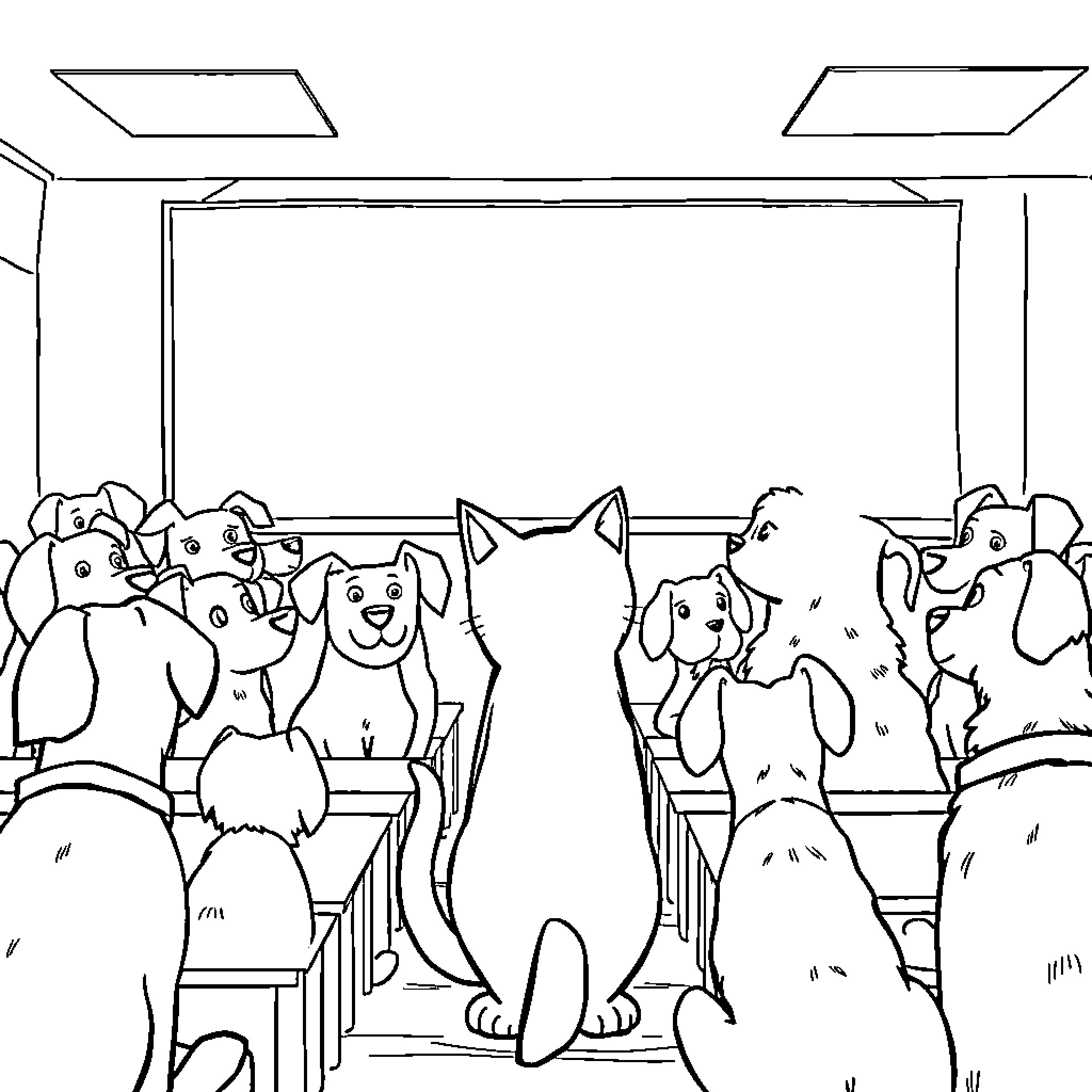 Cats in a Classroom Setting Coloring Page (free black-and-white line drawing printable PDF for all, from beginners to advanced learners, including children, teens, adults, and seniors)
