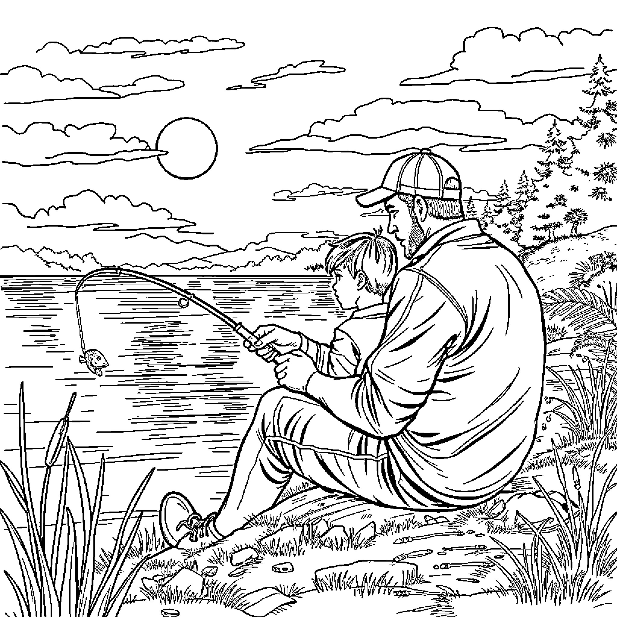 Dad and son fishing together by the lake Coloring Page (free black-and-white line drawing printable PDF for all, from beginners to advanced learners, including children, teens, adults, and seniors)