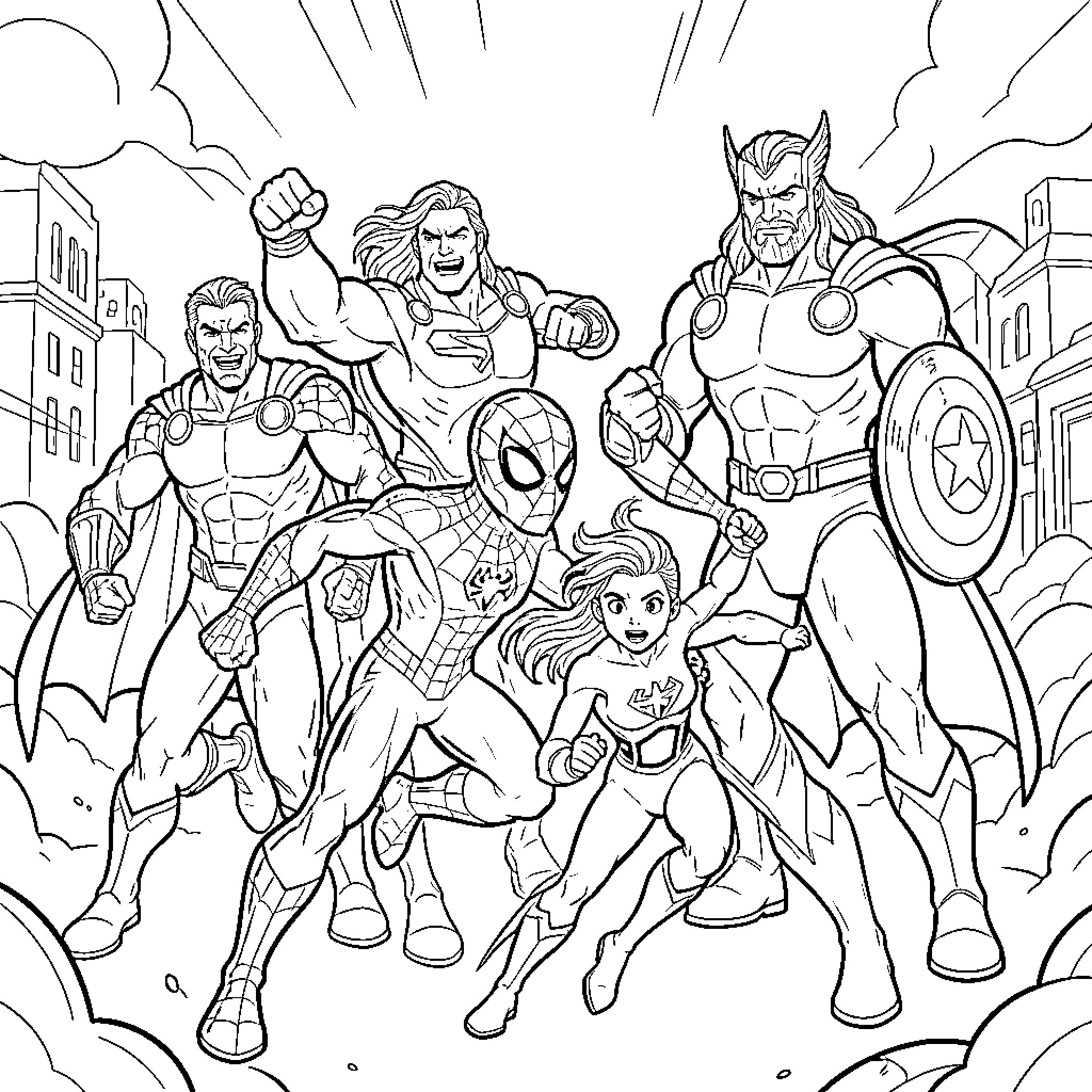 Spidey and the Mighty Heroes Assemble for Action Coloring Page (free black-and-white line drawing printable PDF for all, from beginners to advanced learners, including children, teens, adults, and seniors)