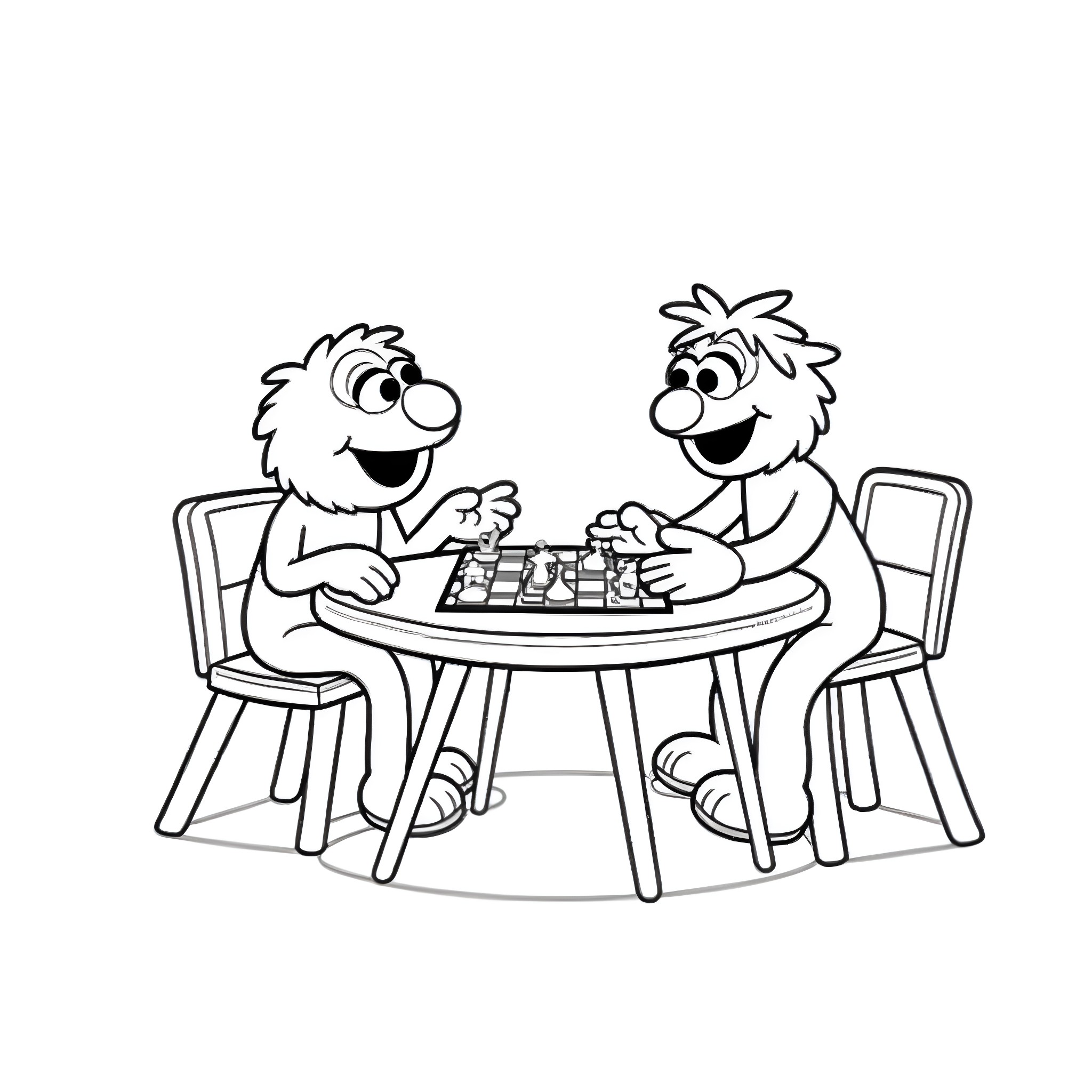 Elmo and friend playing chess together Coloring Page (free black-and-white line drawing printable PDF for all, from beginners to advanced learners, including children, teens, adults, and seniors)