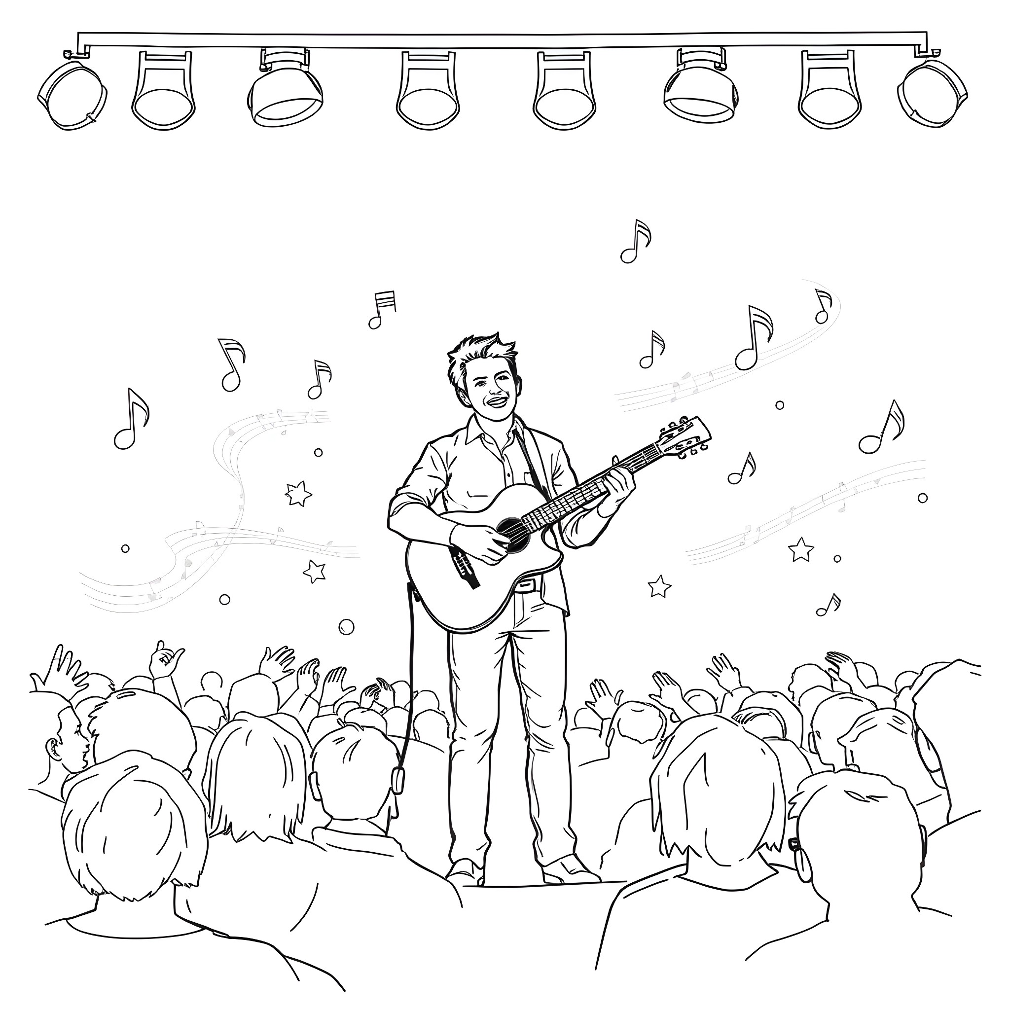Chad Weinen playing guitar on stage before adoring crowd Coloring Page (free black-and-white line drawing printable PDF for all, from beginners to advanced learners, including children, teens, adults, and seniors)