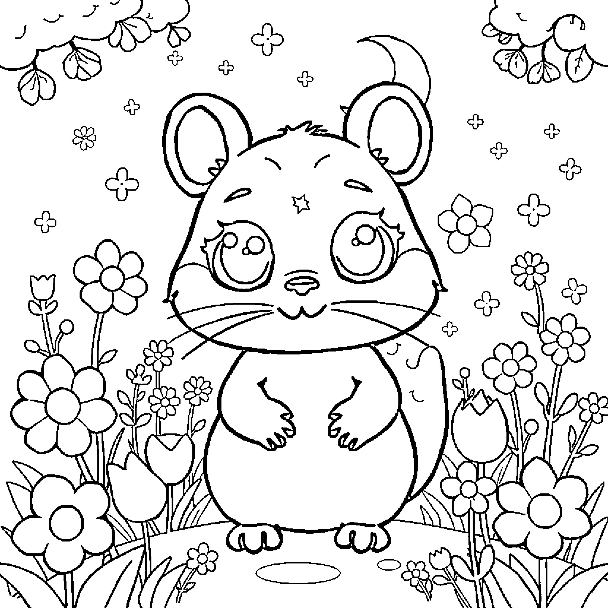 Fox playing amid whimsical floral scene Coloring Page (free black-and-white line drawing printable PDF for all, from beginners to advanced learners, including children, teens, adults, and seniors)