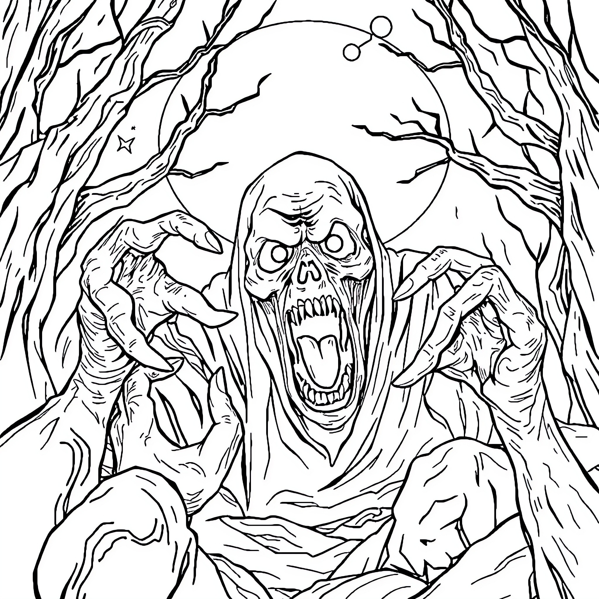 Horror Story: Terrifying Spectre in the Eerie Forest Coloring Page (free black-and-white line drawing printable PDF for all, from beginners to advanced learners, including children, teens, adults, and seniors)