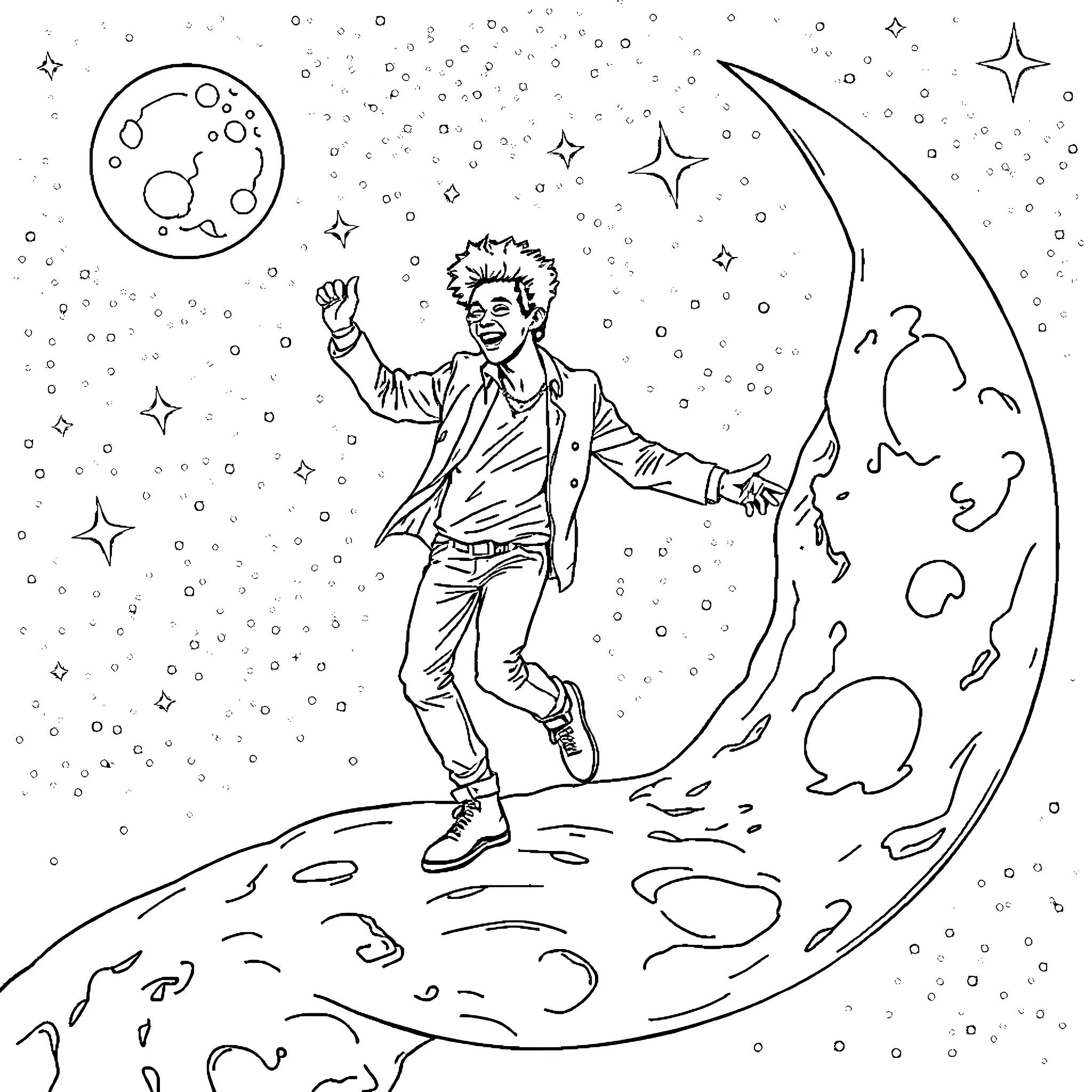 Bruno Mars dancing among the stars Coloring Page (free black-and-white line drawing printable PDF for all, from beginners to advanced learners, including children, teens, adults, and seniors)