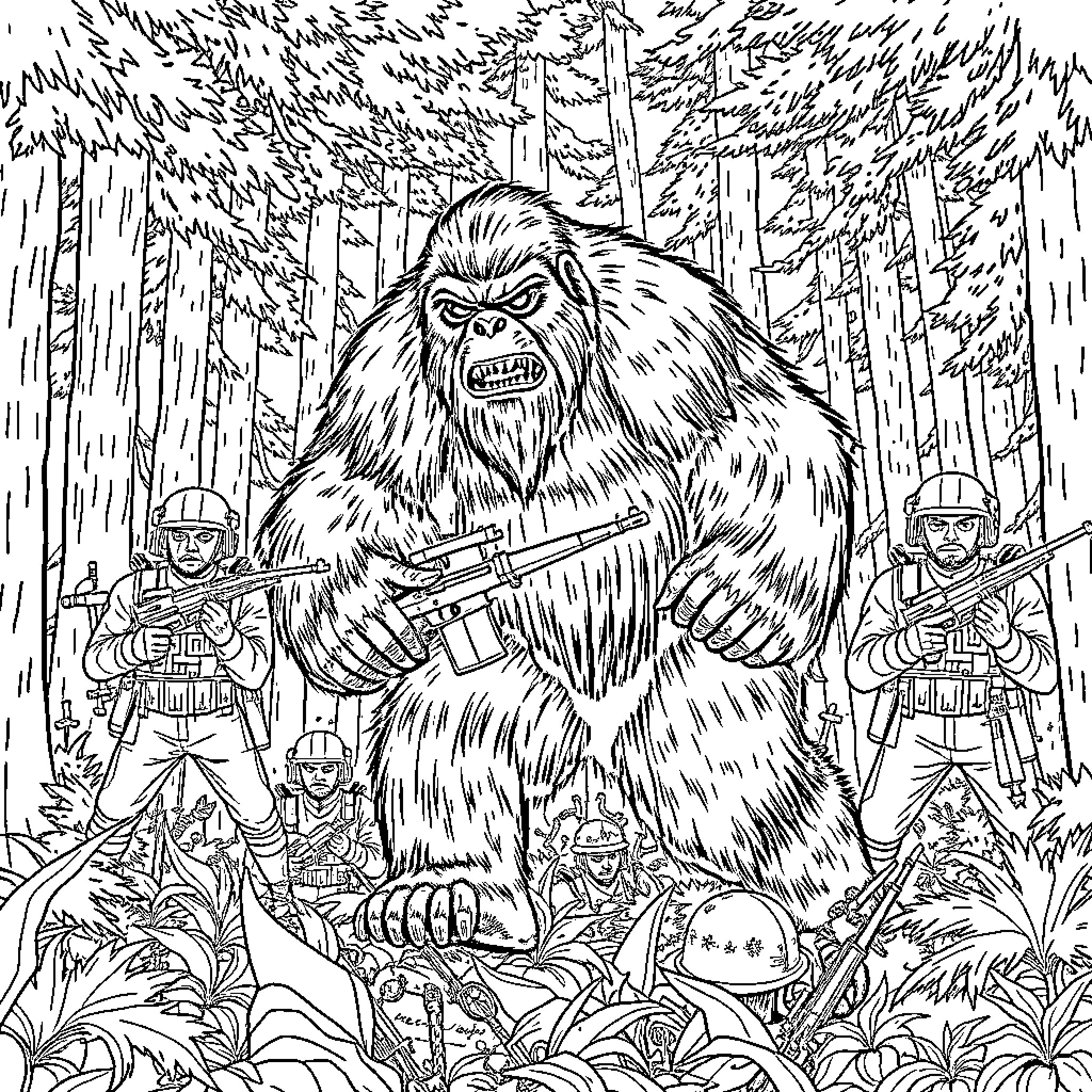 Sasquatch confronting armed soldiers in the forest Coloring Page (free black-and-white line drawing printable PDF for all, from beginners to advanced learners, including children, teens, adults, and seniors)