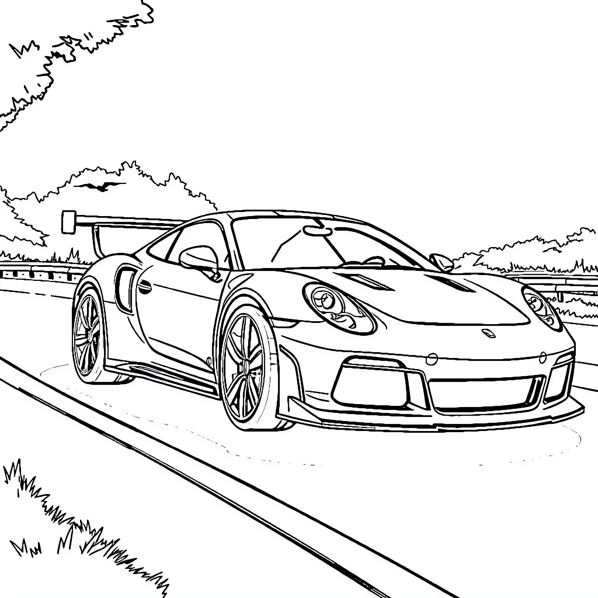 Voiture racing on winding road Coloring Page (free black-and-white line drawing printable PDF for all, from beginners to advanced learners, including children, teens, adults, and seniors)