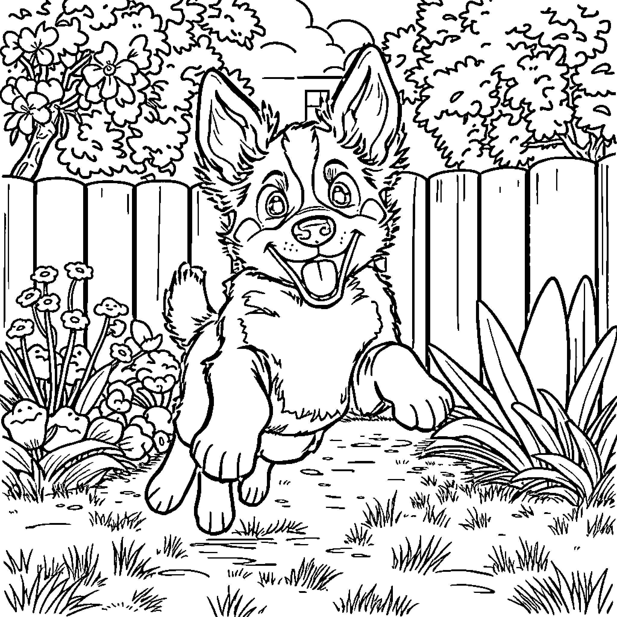 Bluey Happily Playing in the Backyard Coloring Page (free black-and-white line drawing printable PDF for all, from beginners to advanced learners, including children, teens, adults, and seniors)