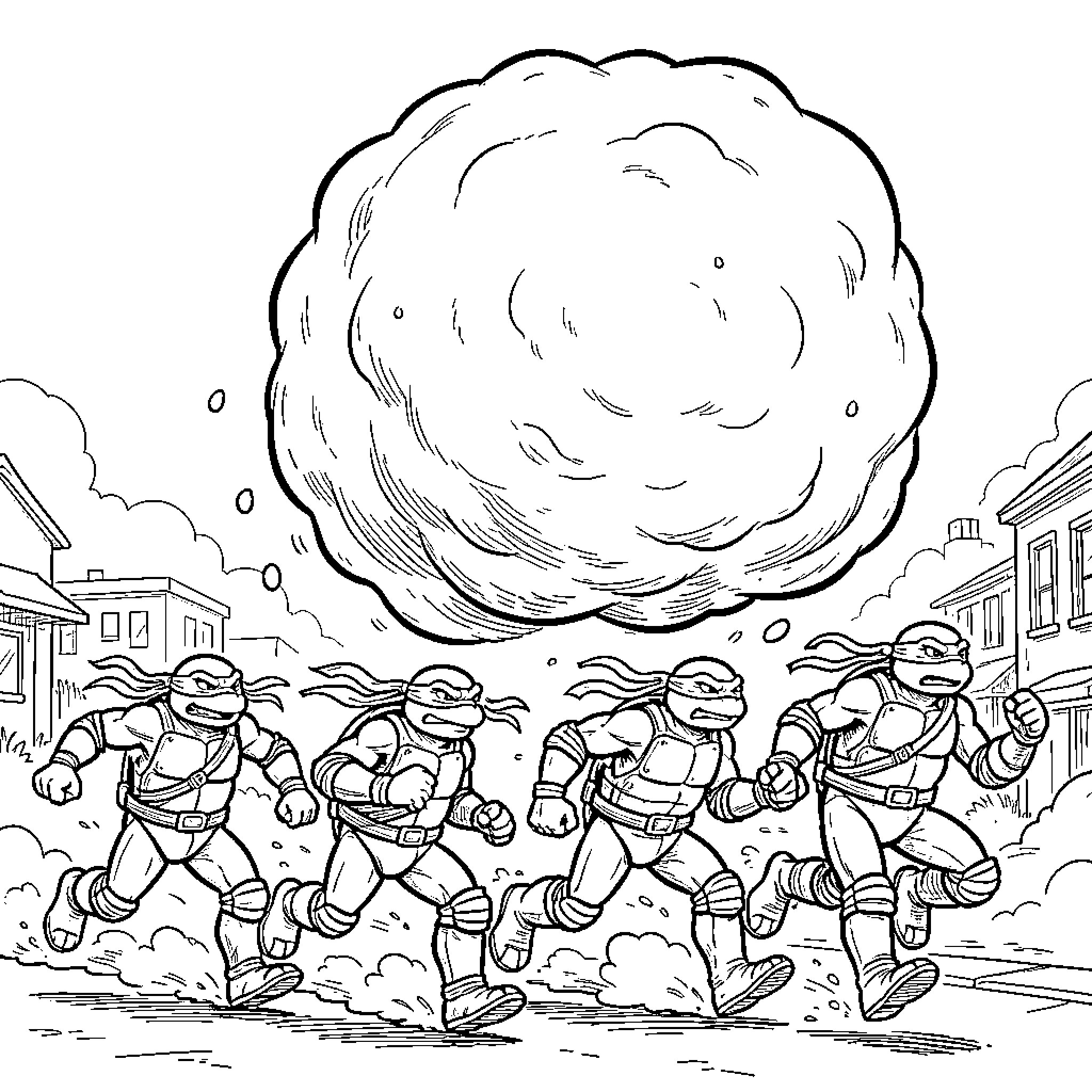 Ninja Turtle heroes running through the city Coloring Page (free black-and-white line drawing printable PDF for all, from beginners to advanced learners, including children, teens, adults, and seniors)