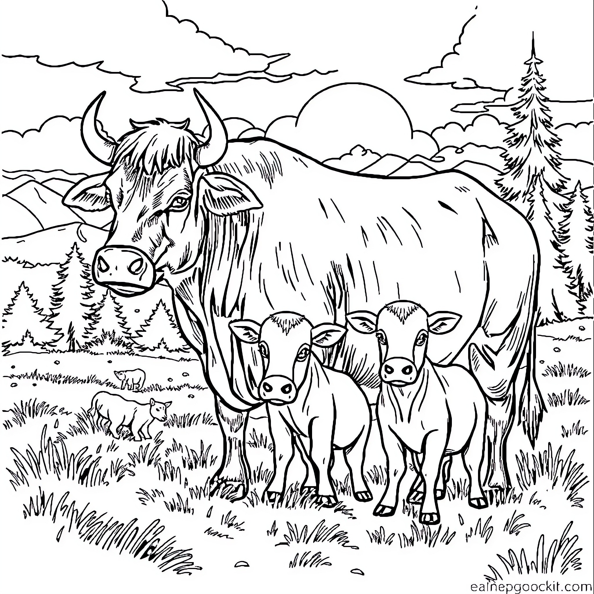 Bull and Calves in a Mountainous Landscape Coloring Page (free black-and-white line drawing printable PDF for all, from beginners to advanced learners, including children, teens, adults, and seniors)