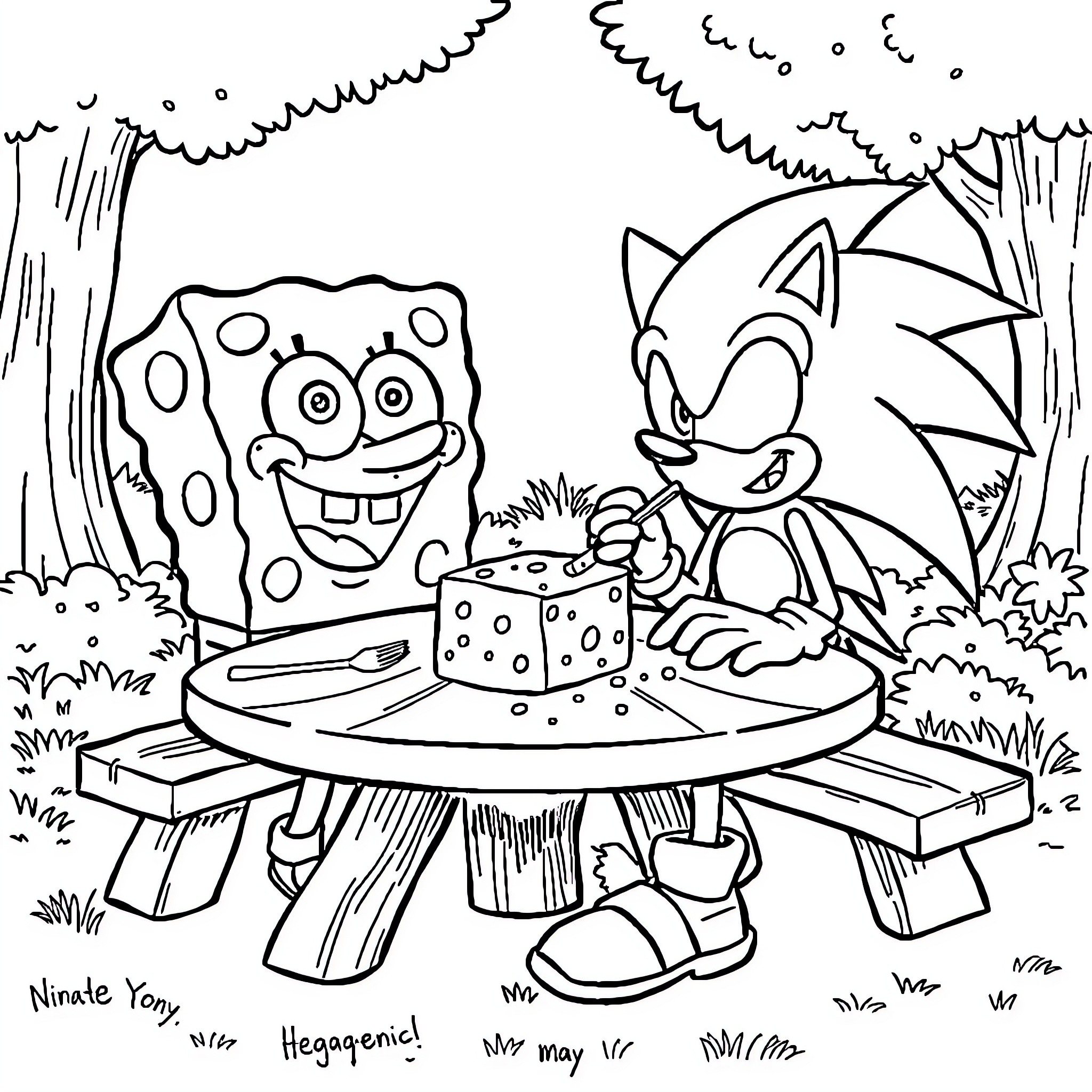 Spongebob and Sonic enjoying a picnic in the forest Coloring Page (free black-and-white line drawing printable PDF for all, from beginners to advanced learners, including children, teens, adults, and seniors)