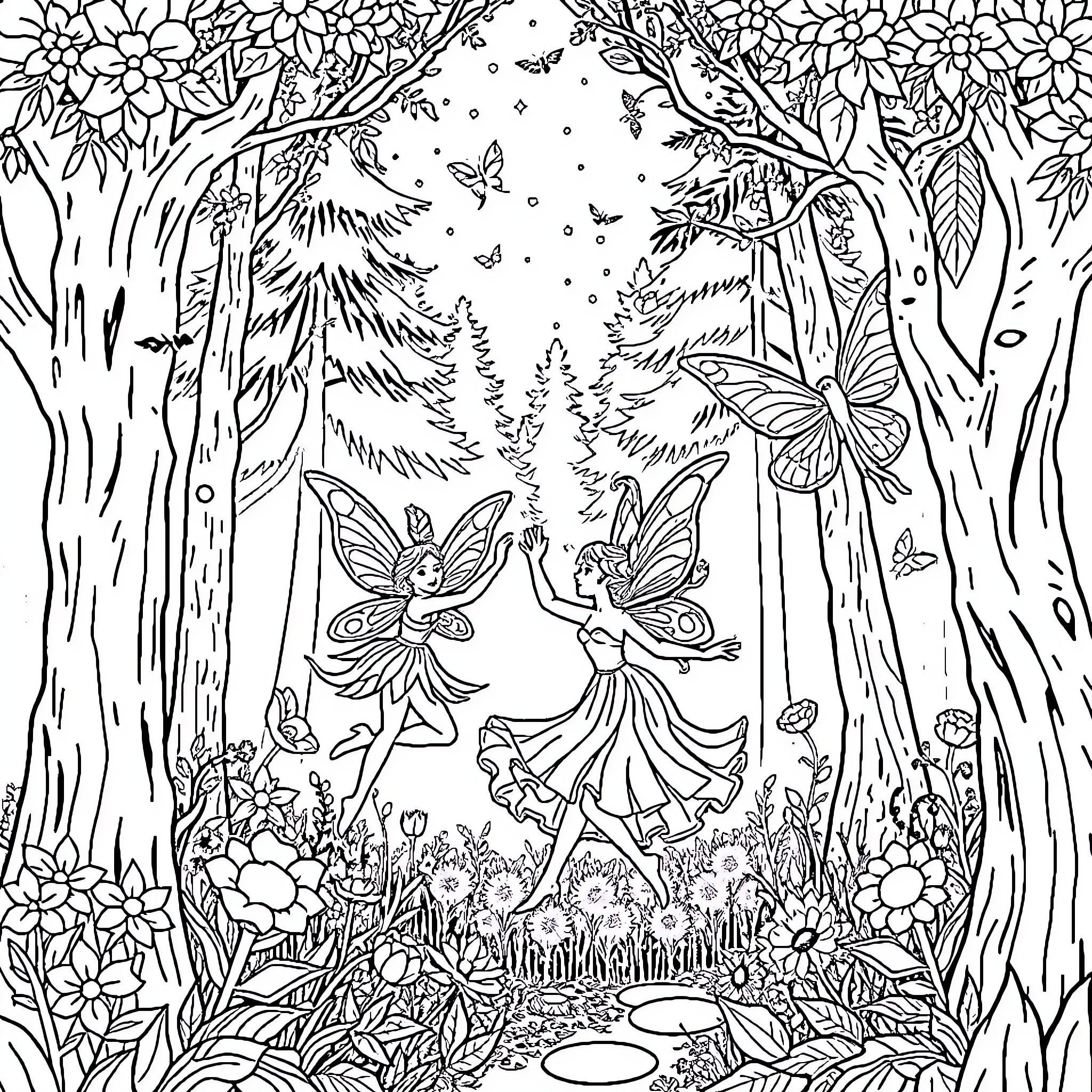 Fairy Dance in the Enchanted Forest Coloring Page (free black-and-white line drawing printable PDF for all, from beginners to advanced learners, including children, teens, adults, and seniors)