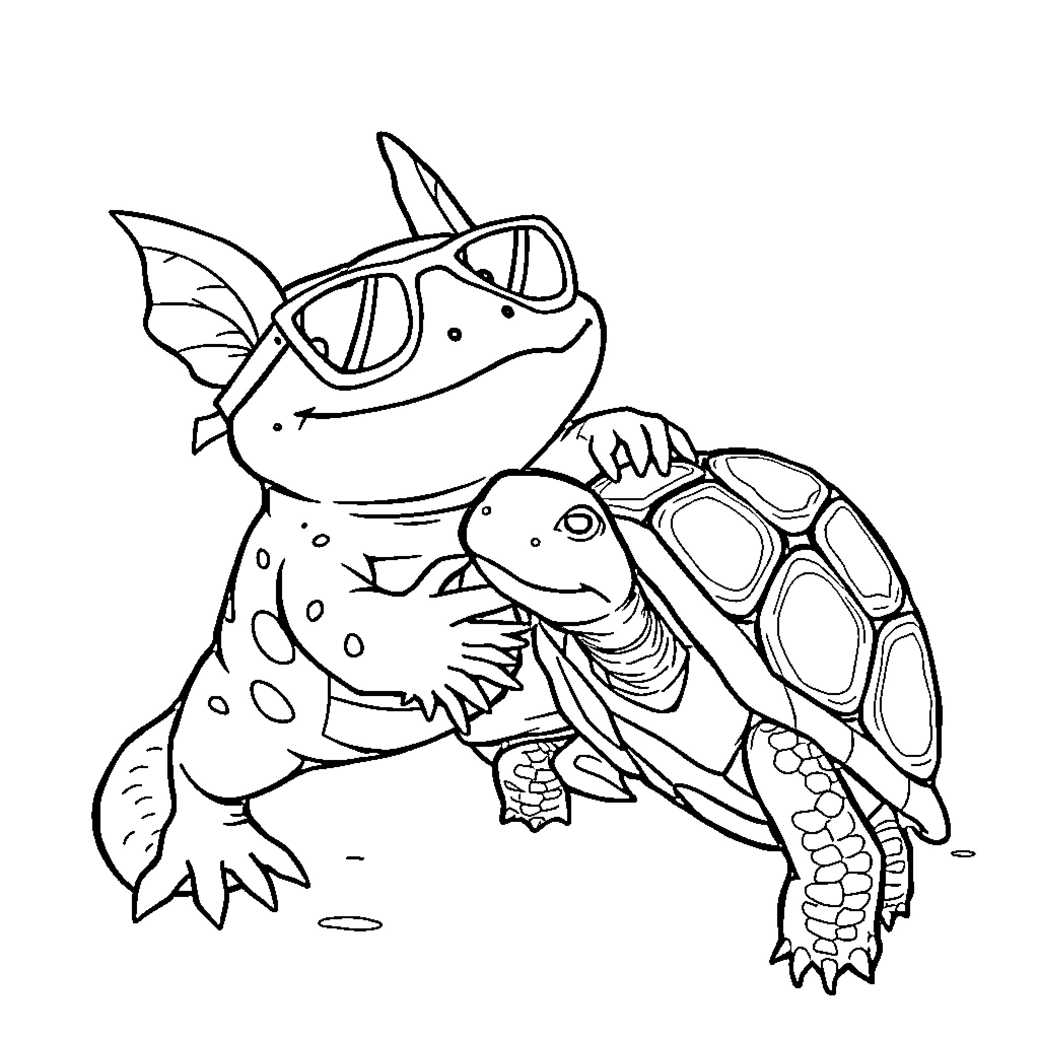 Axolotl wearing sunglasses and riding a turtle Coloring Page (free black-and-white line drawing printable PDF for all, from beginners to advanced learners, including children, teens, adults, and seniors)