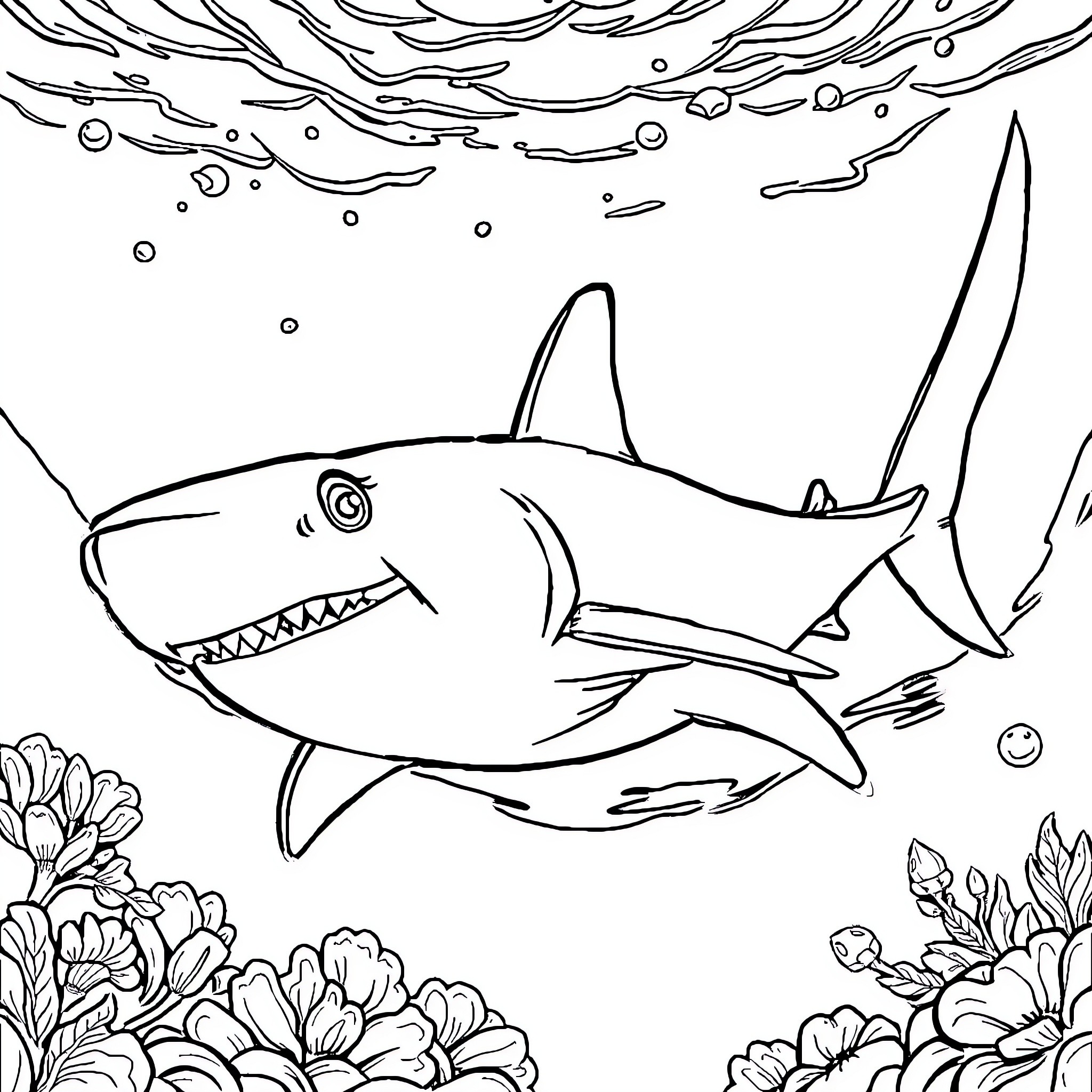 Shark swimming among underwater plants and bubbles Coloring Page (free black-and-white line drawing printable PDF for all, from beginners to advanced learners, including children, teens, adults, and seniors)