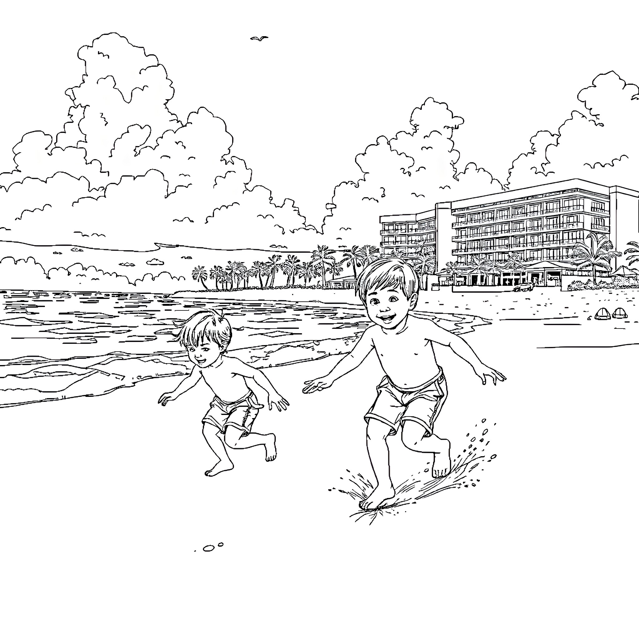 Kids playing joyfully at the beach Coloring Page (free black-and-white line drawing printable PDF for all, from beginners to advanced learners, including children, teens, adults, and seniors)