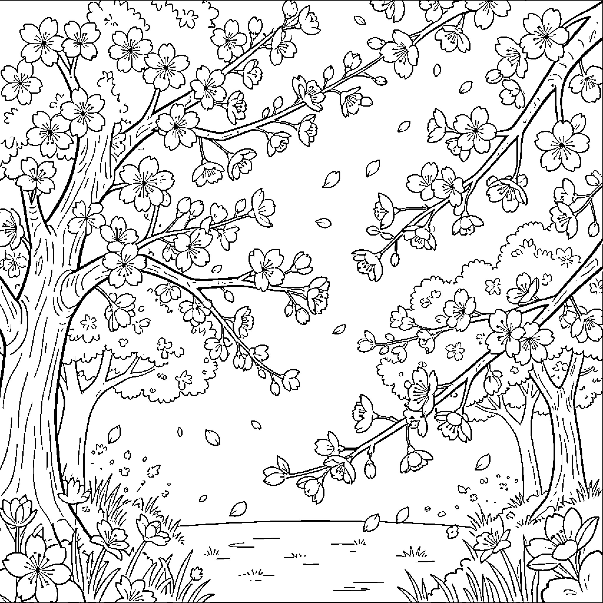 Cherry Blossom Scenic Nature Landscape Coloring Page (free black-and-white line drawing printable PDF for all, from beginners to advanced learners, including children, teens, adults, and seniors)