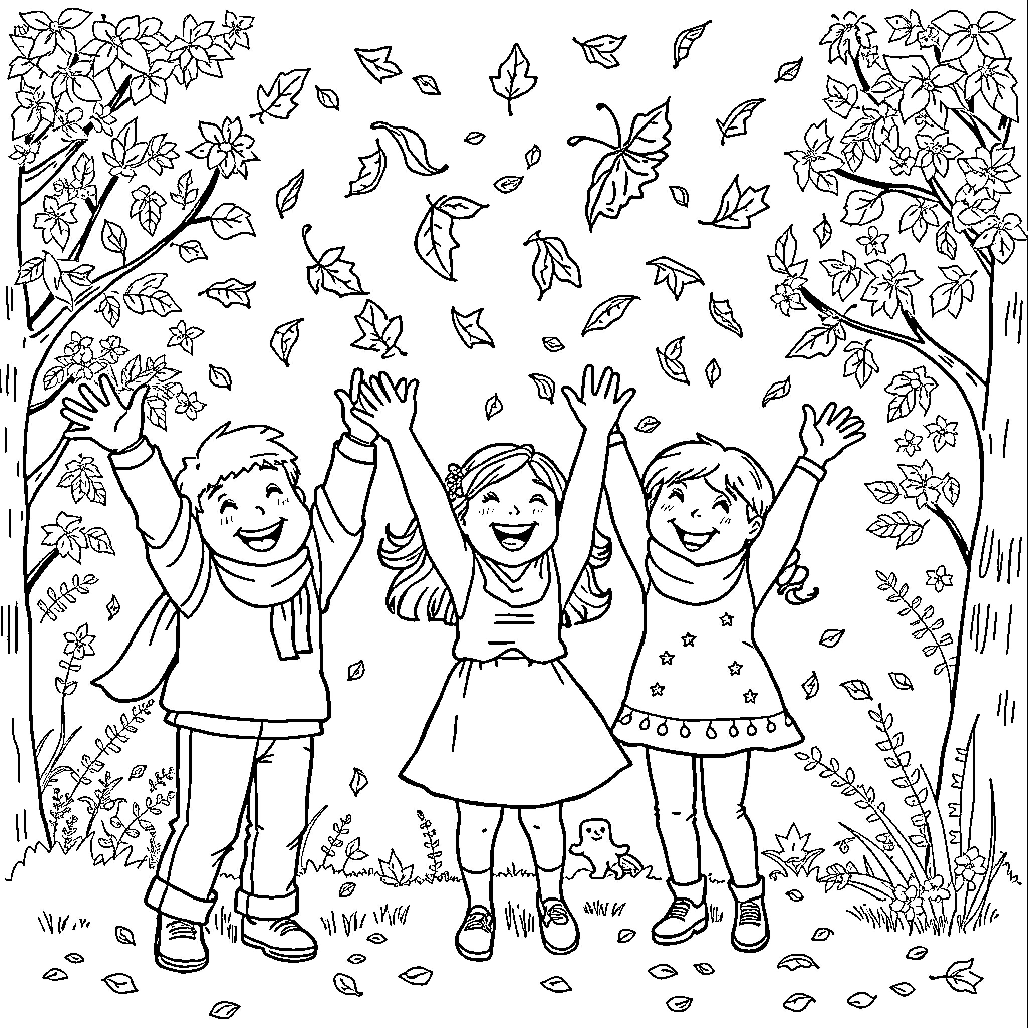 Character enjoying autumn leaves with friends Coloring Page (free black-and-white line drawing printable PDF for all, from beginners to advanced learners, including children, teens, adults, and seniors)