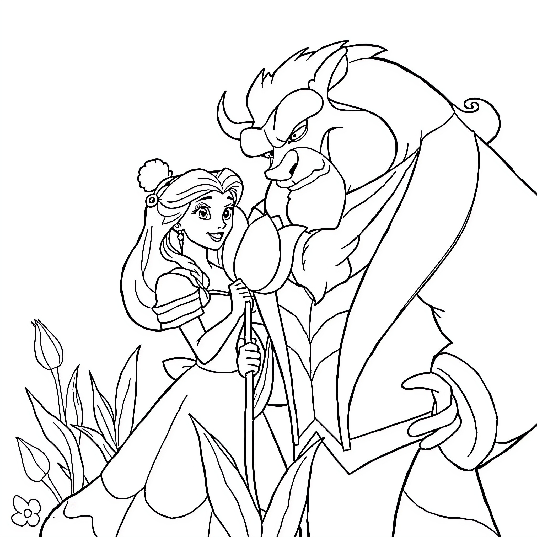 Belle and her Beast companion in enchanting landscape Coloring Page (free black-and-white line drawing printable PDF for all, from beginners to advanced learners, including children, teens, adults, and seniors)