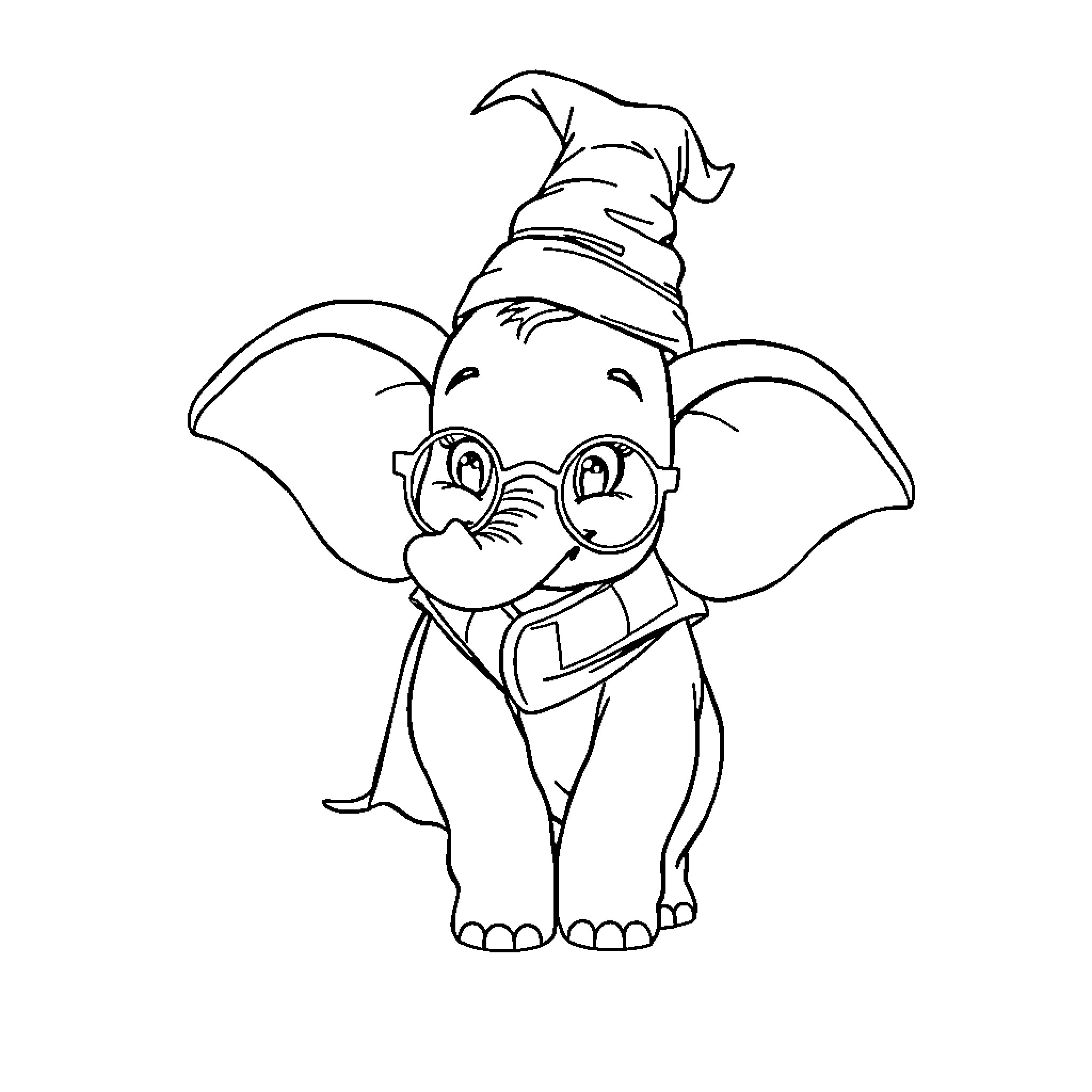 Dumbo the Adorable Elephant in Wizard Hat Coloring Page (free black-and-white line drawing printable PDF for all, from beginners to advanced learners, including children, teens, adults, and seniors)
