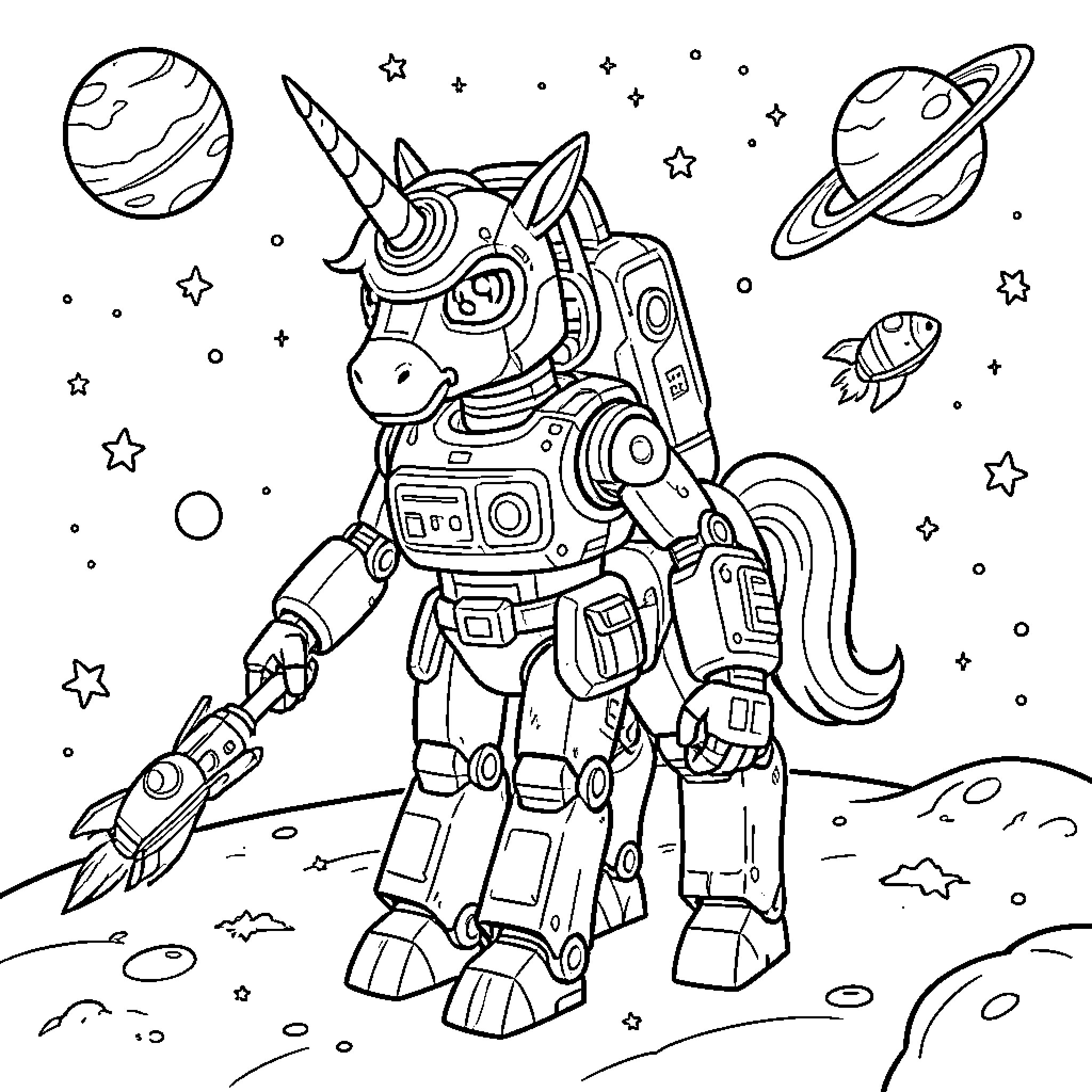 Robot Unicorn exploring space with a rocket tool Coloring Page (free black-and-white line drawing printable PDF for all, from beginners to advanced learners, including children, teens, adults, and seniors)