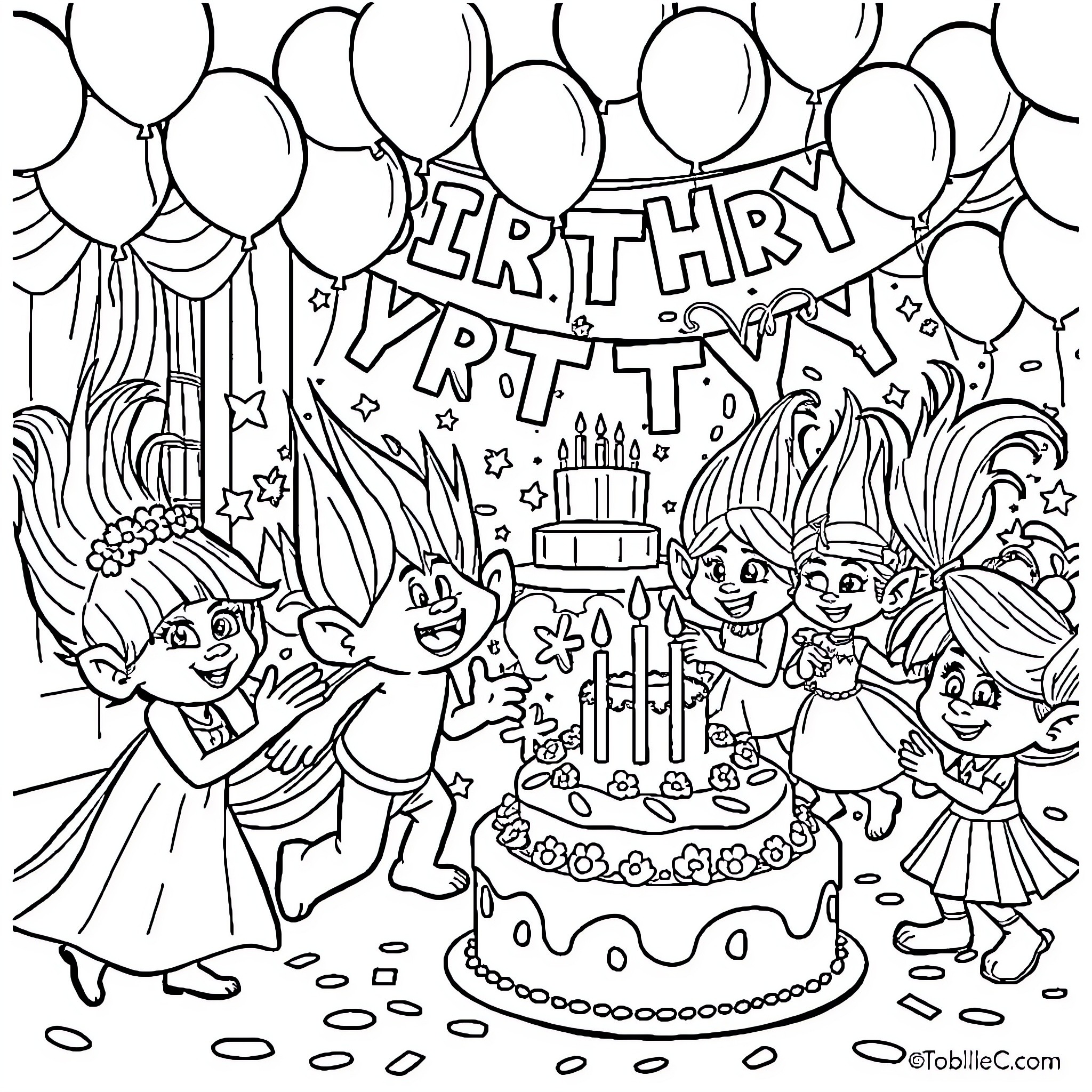 Troll birthday party with balloons and celebration Coloring Page (free black-and-white line drawing printable PDF for all, from beginners to advanced learners, including children, teens, adults, and seniors)