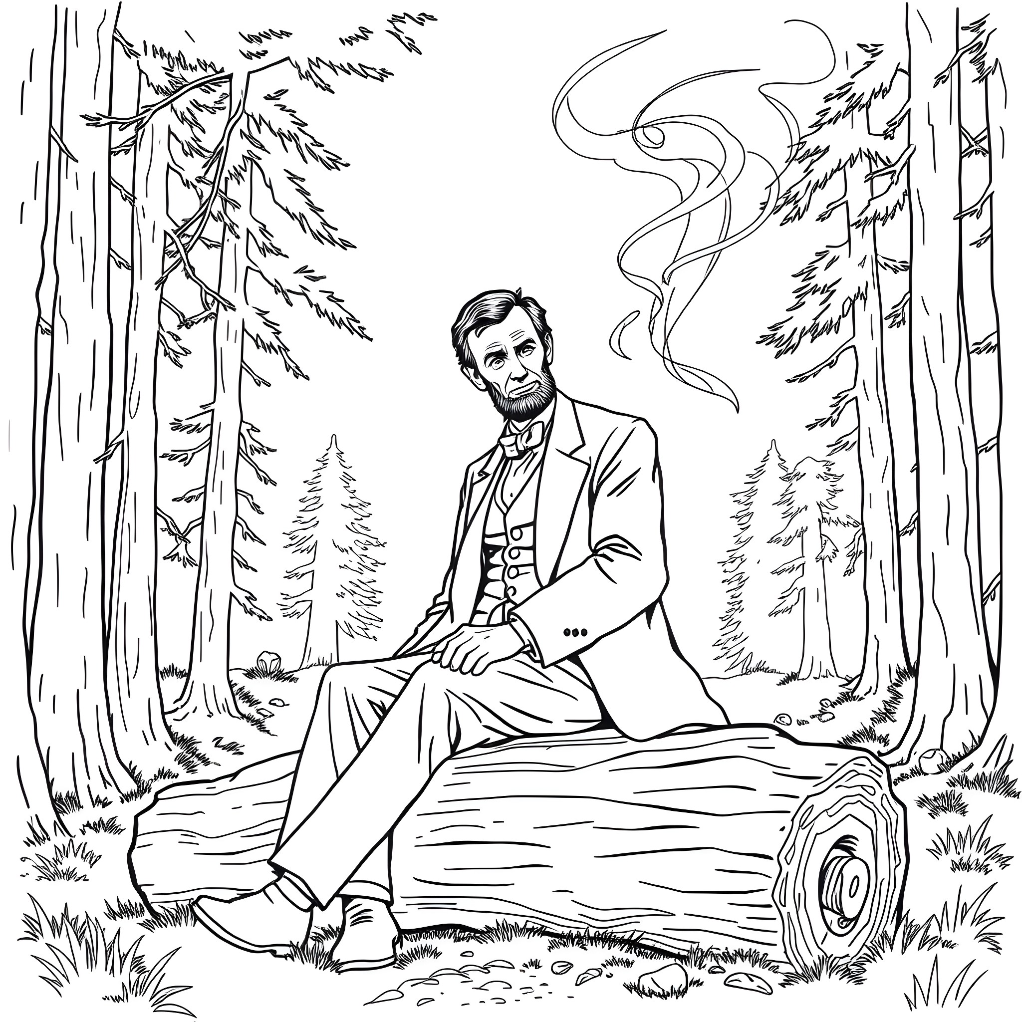 Abraham Lincoln relaxing in a peaceful forest Coloring Page (free black-and-white line drawing printable PDF for all, from beginners to advanced learners, including children, teens, adults, and seniors)