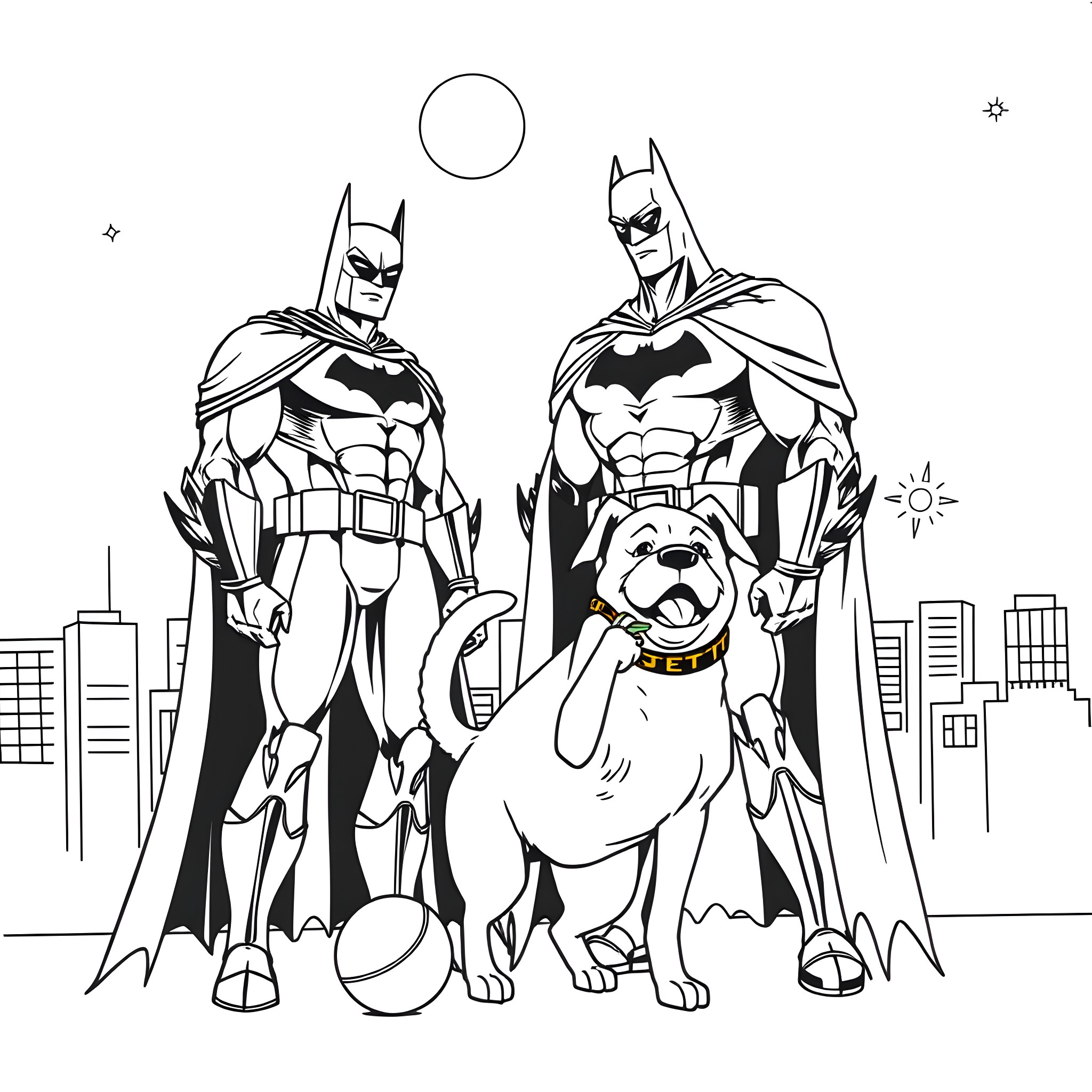 Dog superheroes patrolling the city Coloring Page (free black-and-white line drawing printable PDF for all, from beginners to advanced learners, including children, teens, adults, and seniors)