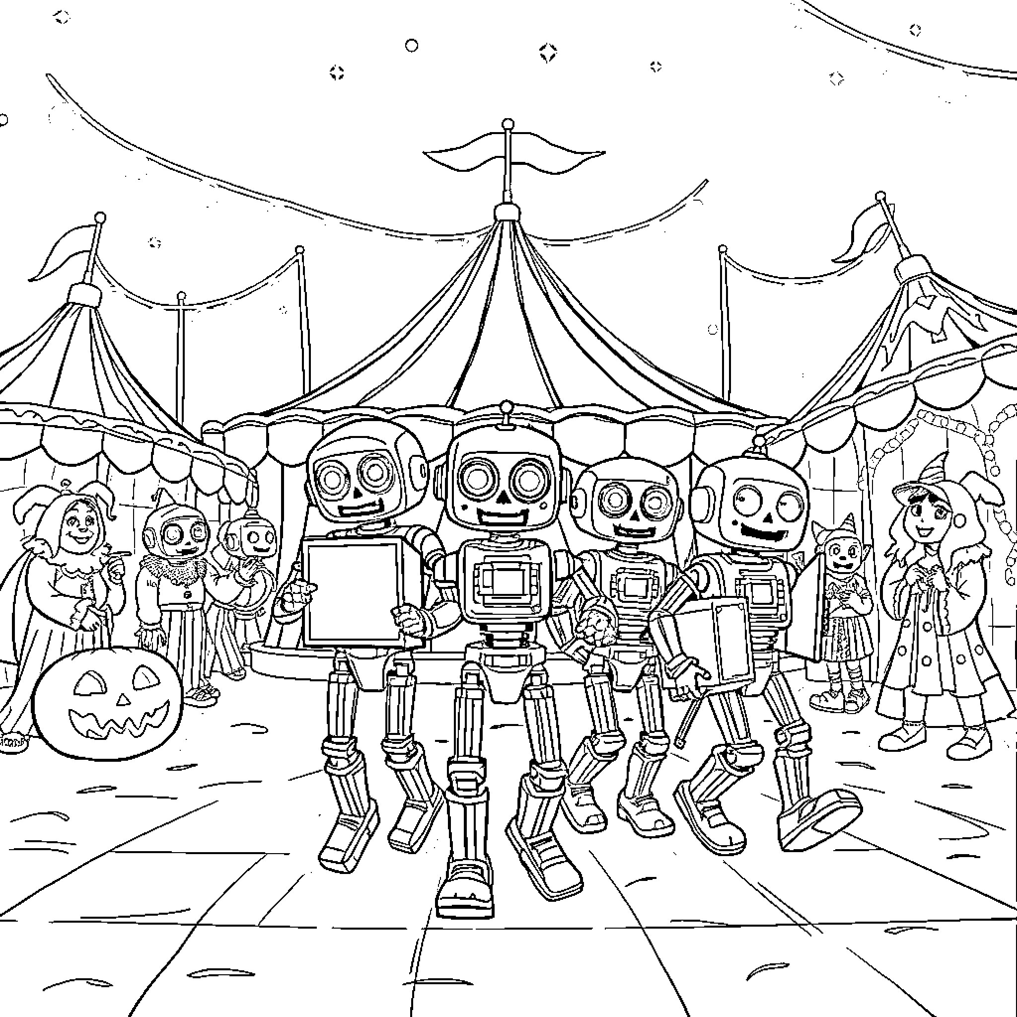 Robot Performers at the Spooky Carnival Coloring Page (free black-and-white line drawing printable PDF for all, from beginners to advanced learners, including children, teens, adults, and seniors)