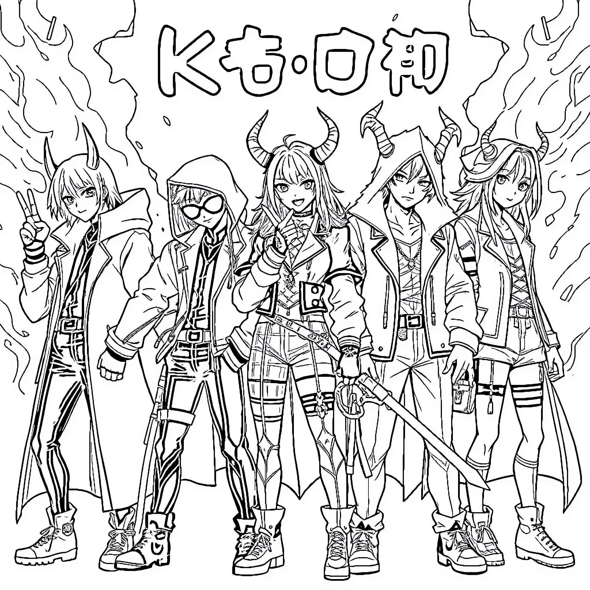 Demon Hunters in Action Pose Coloring Page (free black-and-white line drawing printable PDF for all, from beginners to advanced learners, including children, teens, adults, and seniors)