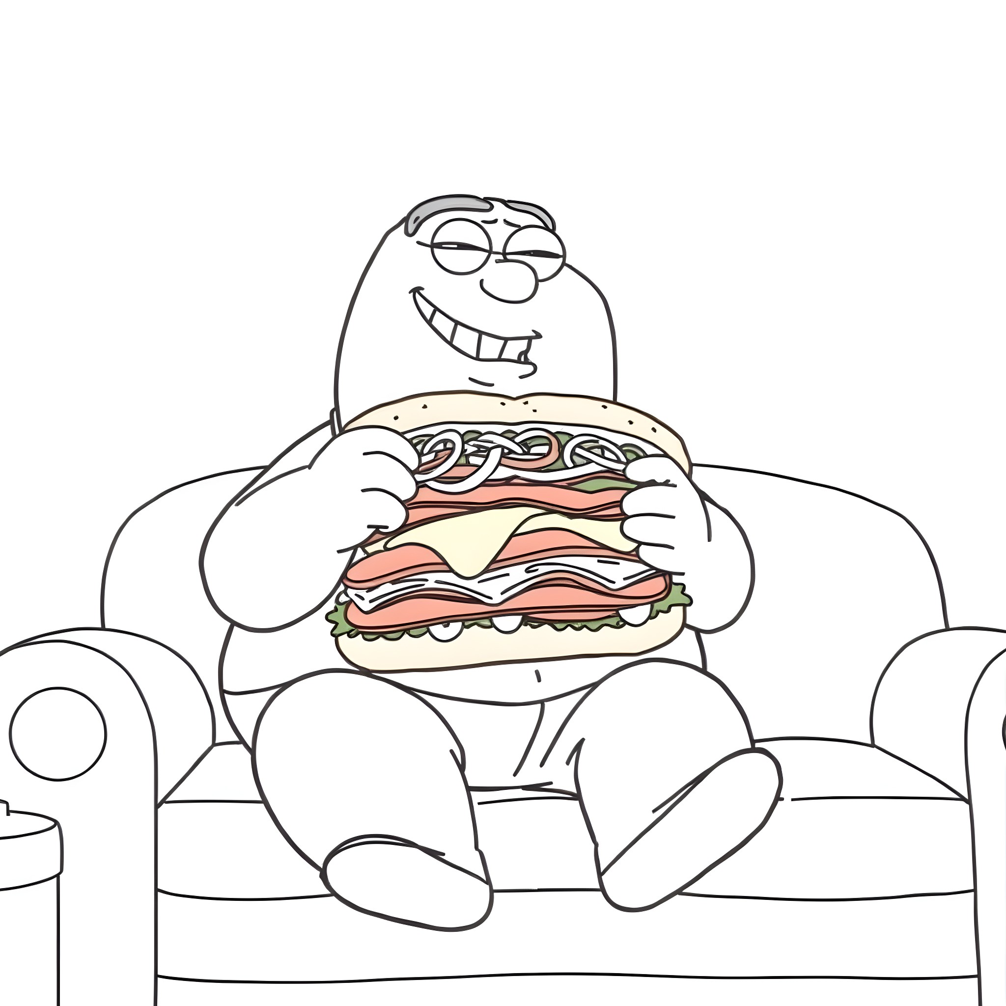 Peter Griffin enjoying a giant sandwich on the couch Coloring Page (free black-and-white line drawing printable PDF for all, from beginners to advanced learners, including children, teens, adults, and seniors)