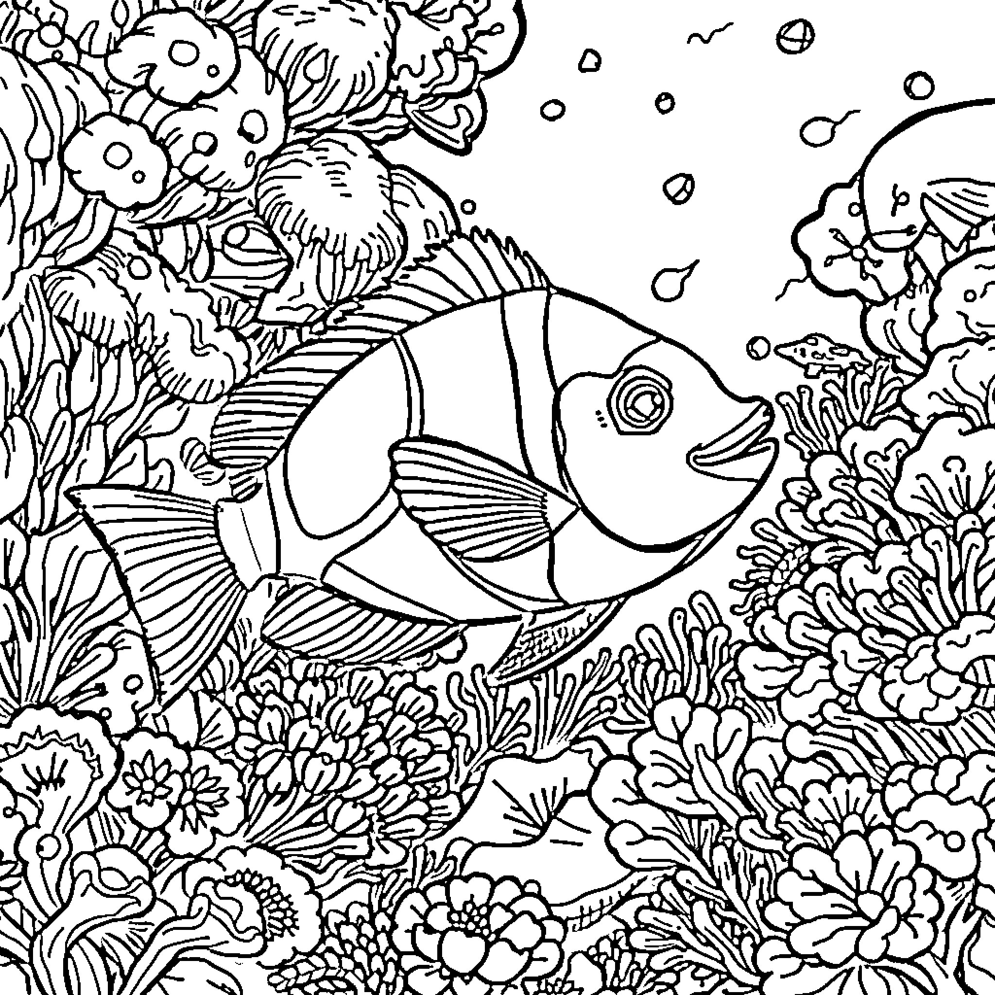 Fish swimming amid vibrant underwater coral reef Coloring Page (free black-and-white line drawing printable PDF for all, from beginners to advanced learners, including children, teens, adults, and seniors)