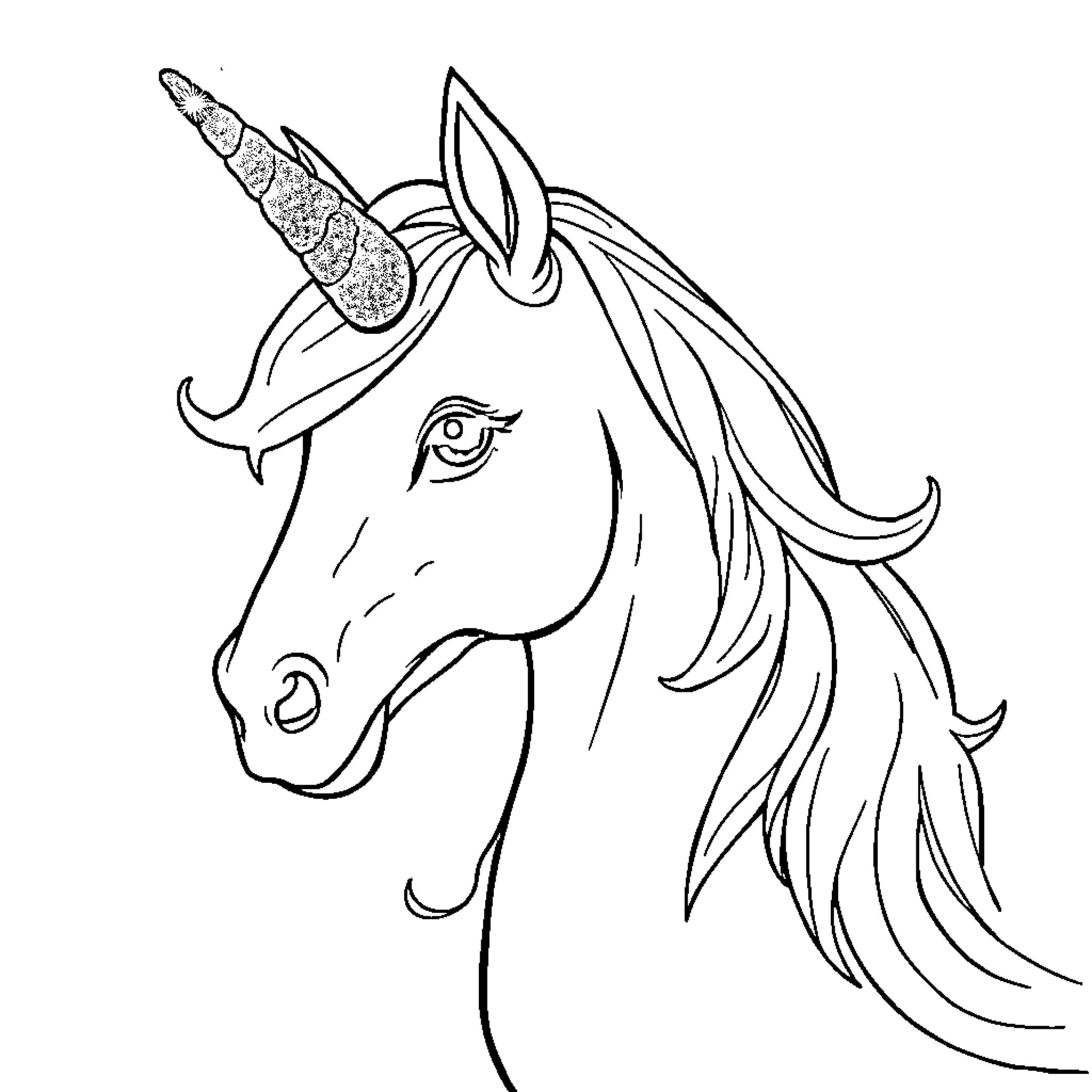 Unicorn with flowing mane and horn Coloring Page (free black-and-white line drawing printable PDF for all, from beginners to advanced learners, including children, teens, adults, and seniors)