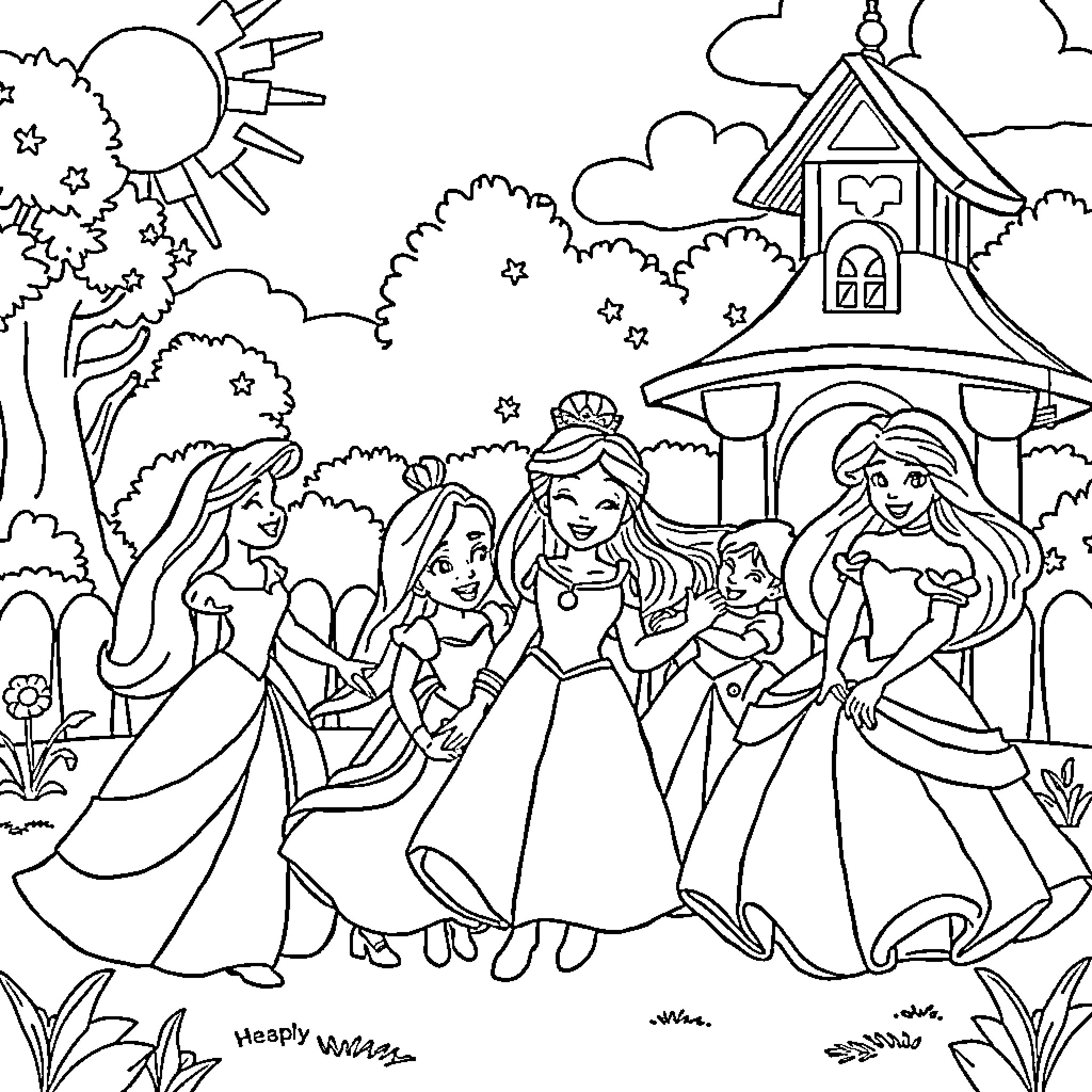 Disney Princesses in a Magical Garden Setting Coloring Page (free black-and-white line drawing printable PDF for all, from beginners to advanced learners, including children, teens, adults, and seniors)