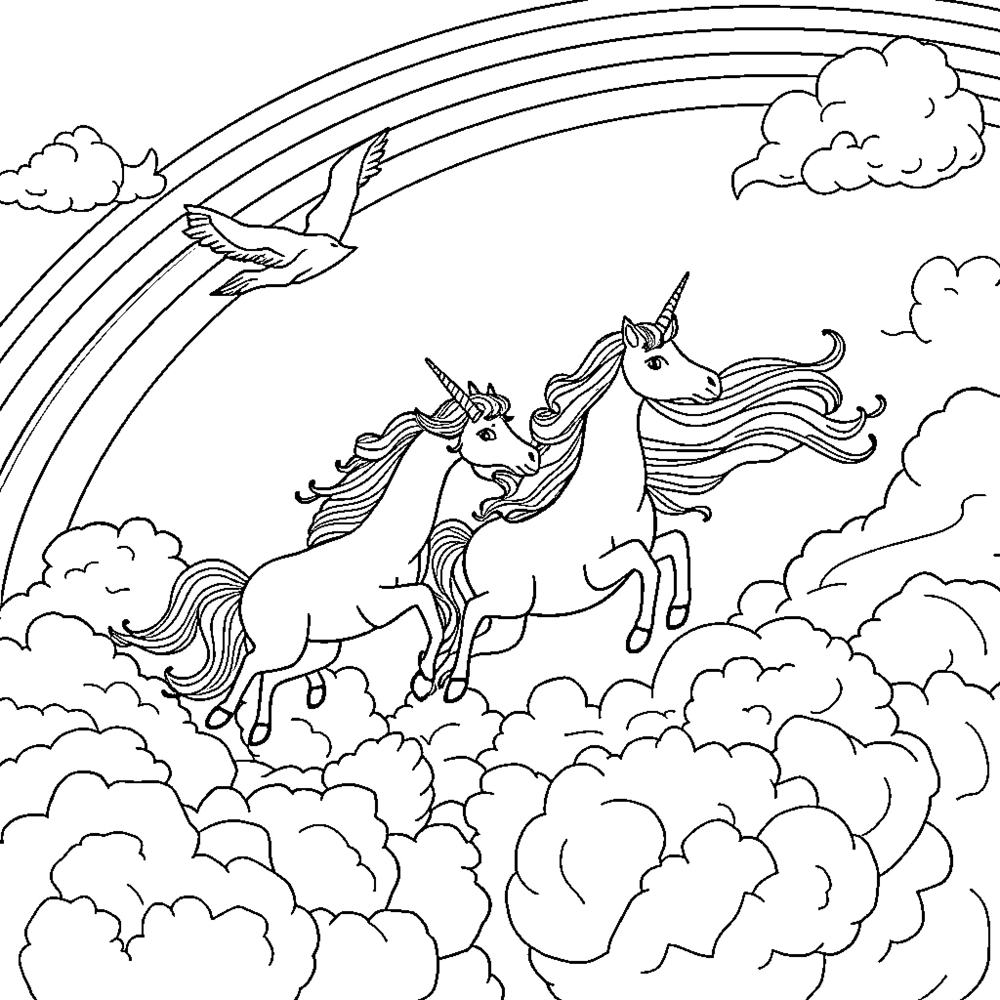 Unicorn Pair Prancing among Clouds and Rainbow Coloring Page (free black-and-white line drawing printable PDF for all, from beginners to advanced learners, including children, teens, adults, and seniors)