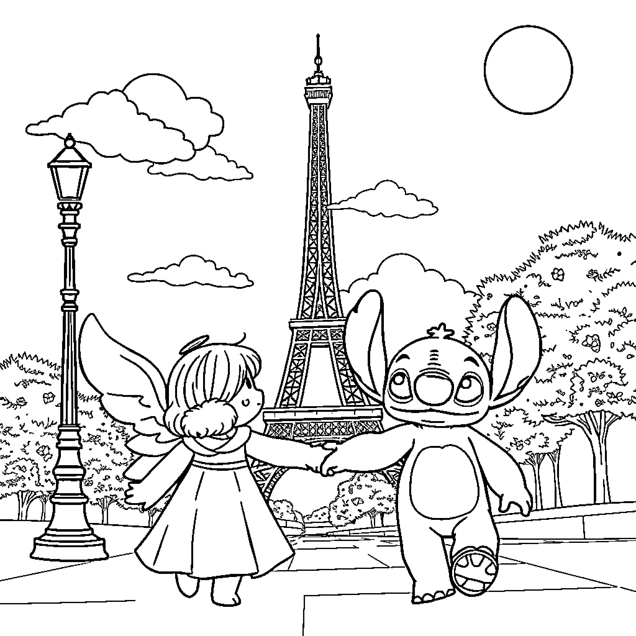 Angel and Stitch visit the Eiffel Tower Coloring Page (free black-and-white line drawing printable PDF for all, from beginners to advanced learners, including children, teens, adults, and seniors)