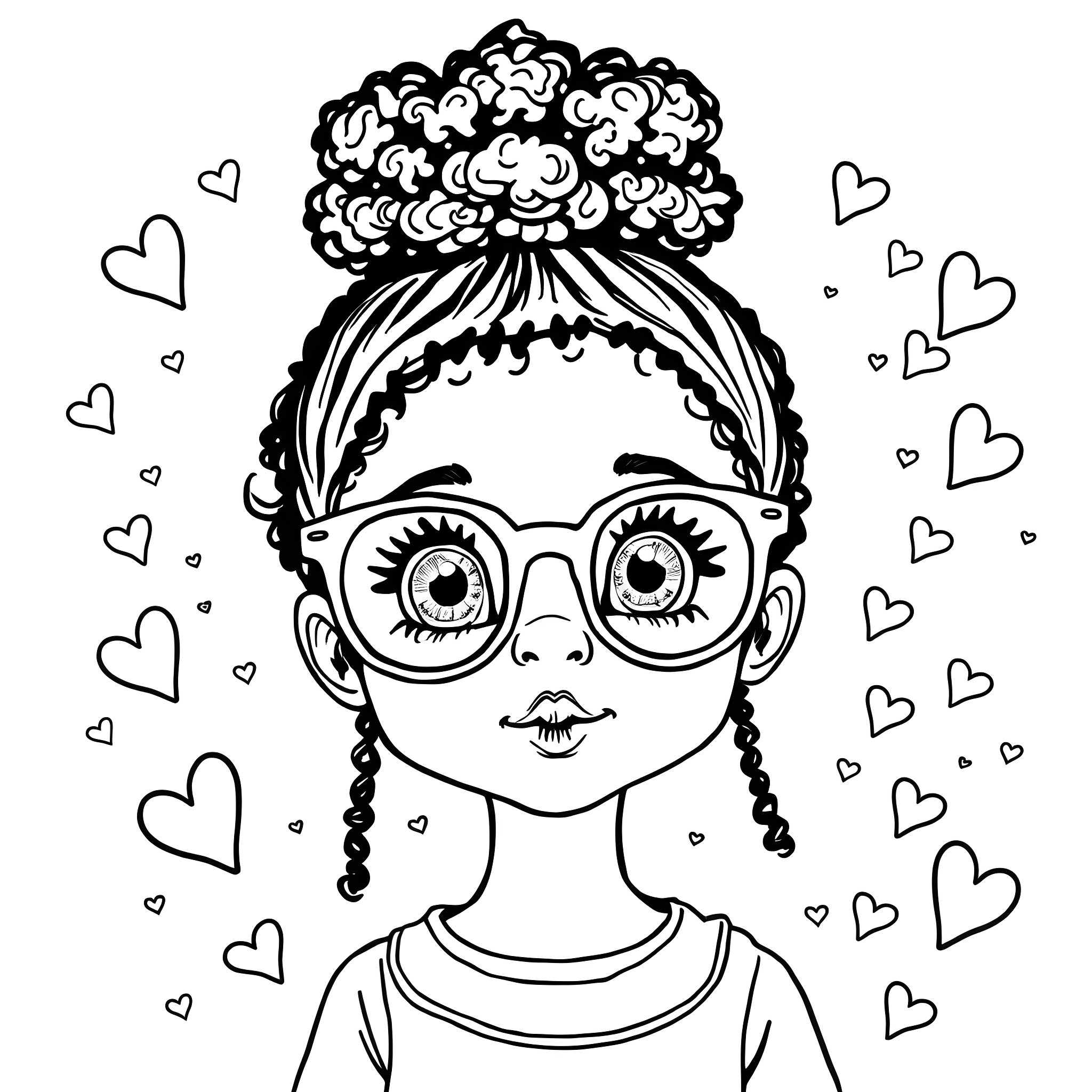 Girl with Curly Hair and Heart-Shaped Glasses Coloring Page (free black-and-white line drawing printable PDF for all, from beginners to advanced learners, including children, teens, adults, and seniors)