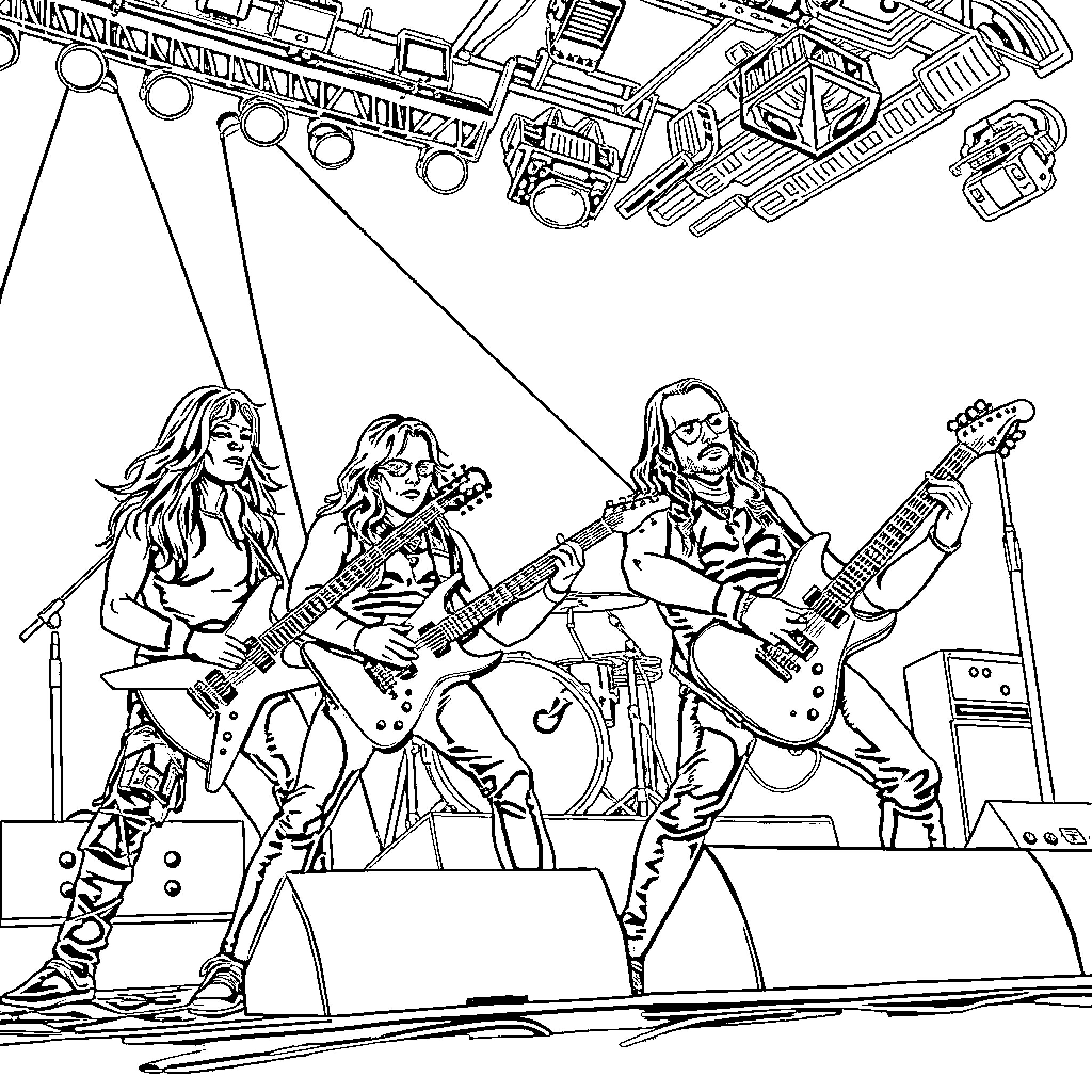 Band performing on stage with guitars and lights Coloring Page (free black-and-white line drawing printable PDF for all, from beginners to advanced learners, including children, teens, adults, and seniors)