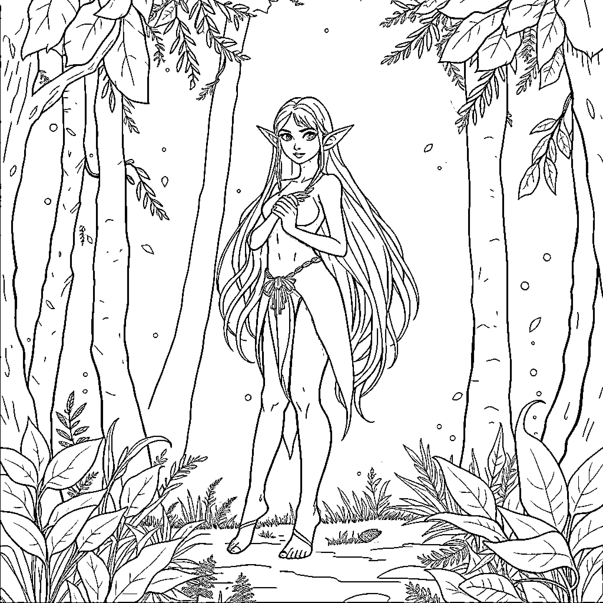 Elf standing gracefully in the enchanted forest Coloring Page (free black-and-white line drawing printable PDF for all, from beginners to advanced learners, including children, teens, adults, and seniors)