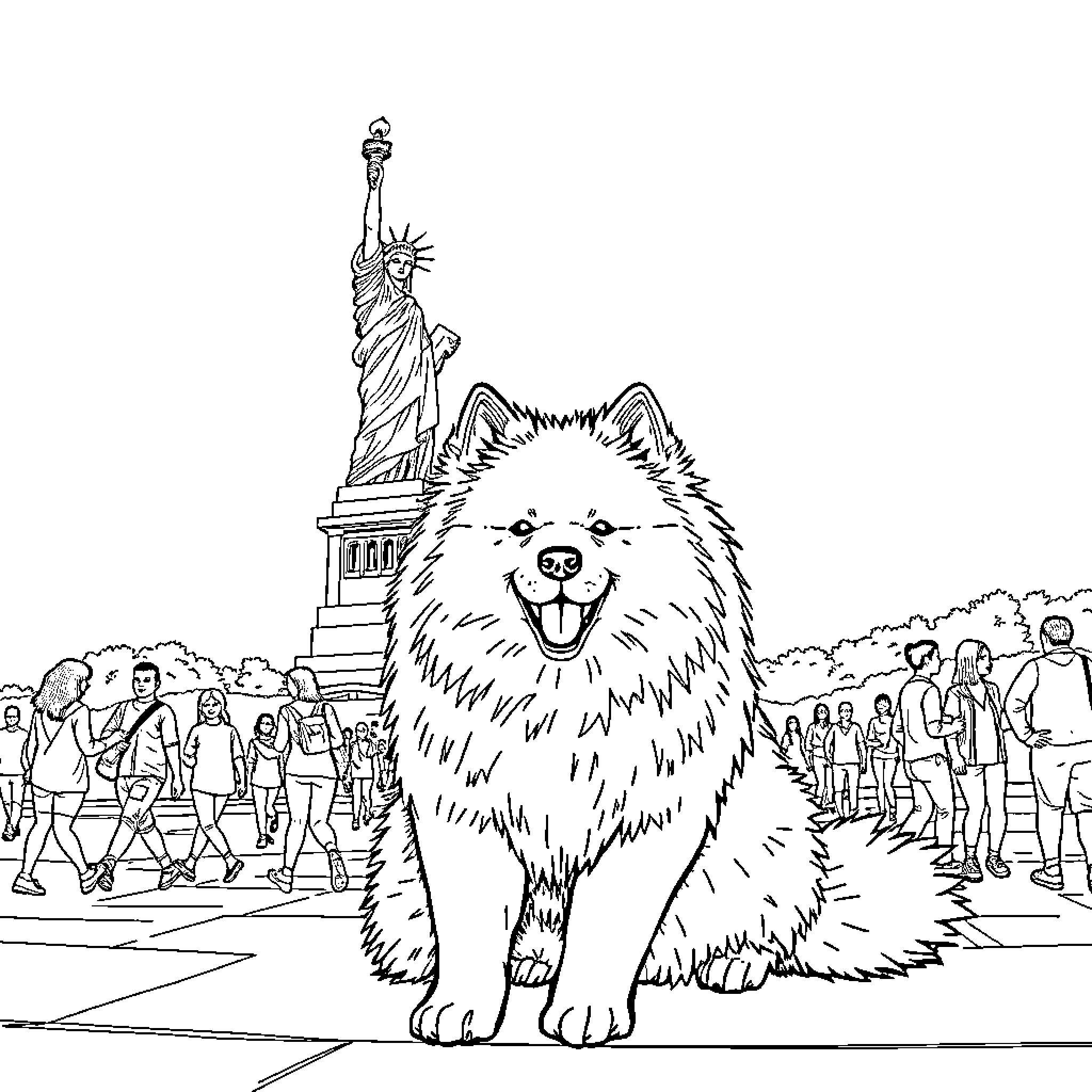 Samoyed explores iconic New York landmarks Coloring Page (free black-and-white line drawing printable PDF for all, from beginners to advanced learners, including children, teens, adults, and seniors)