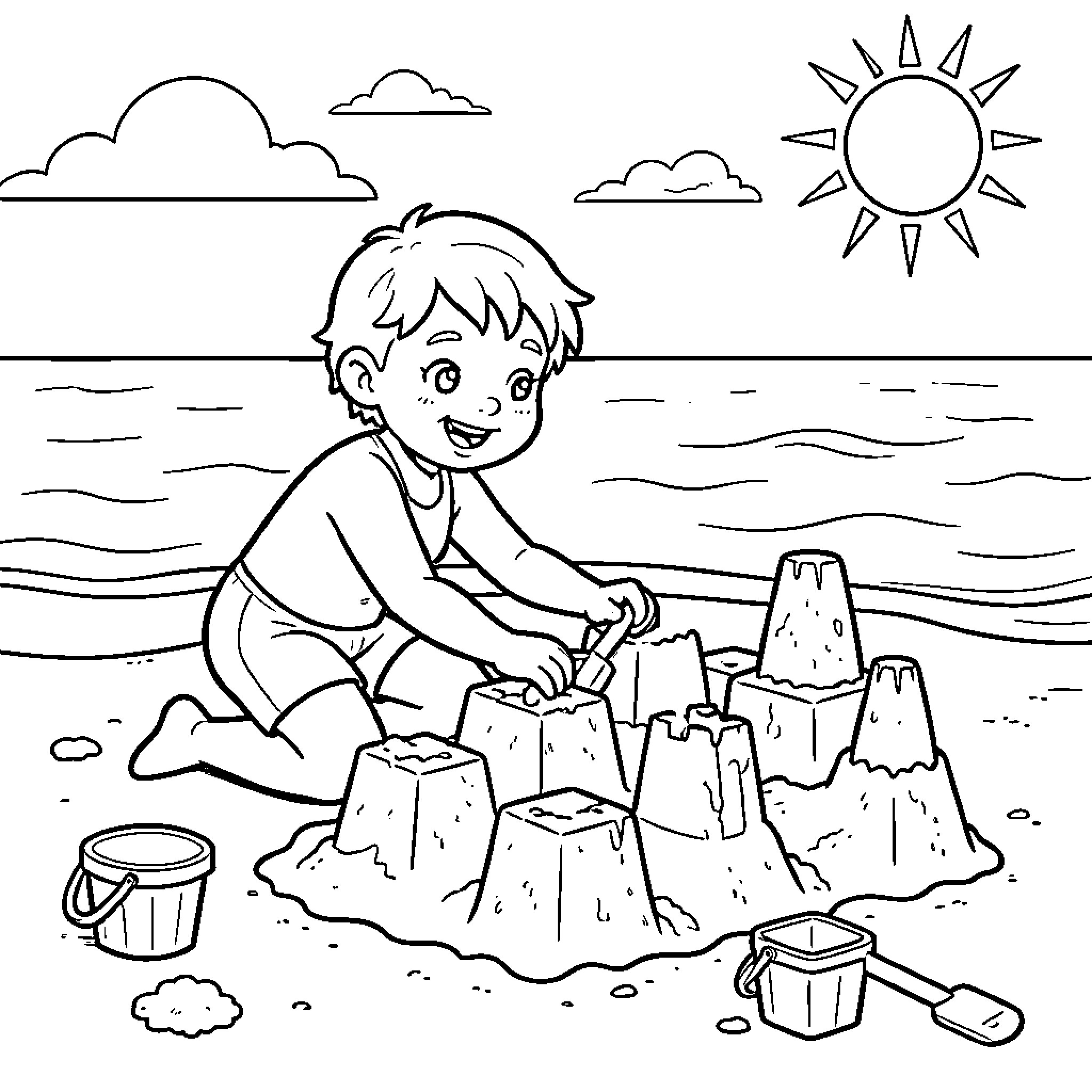 Pat Patrowl happy boy building sandcastles at the beach Coloring Page (free black-and-white line drawing printable PDF for all, from beginners to advanced learners, including children, teens, adults, and seniors)