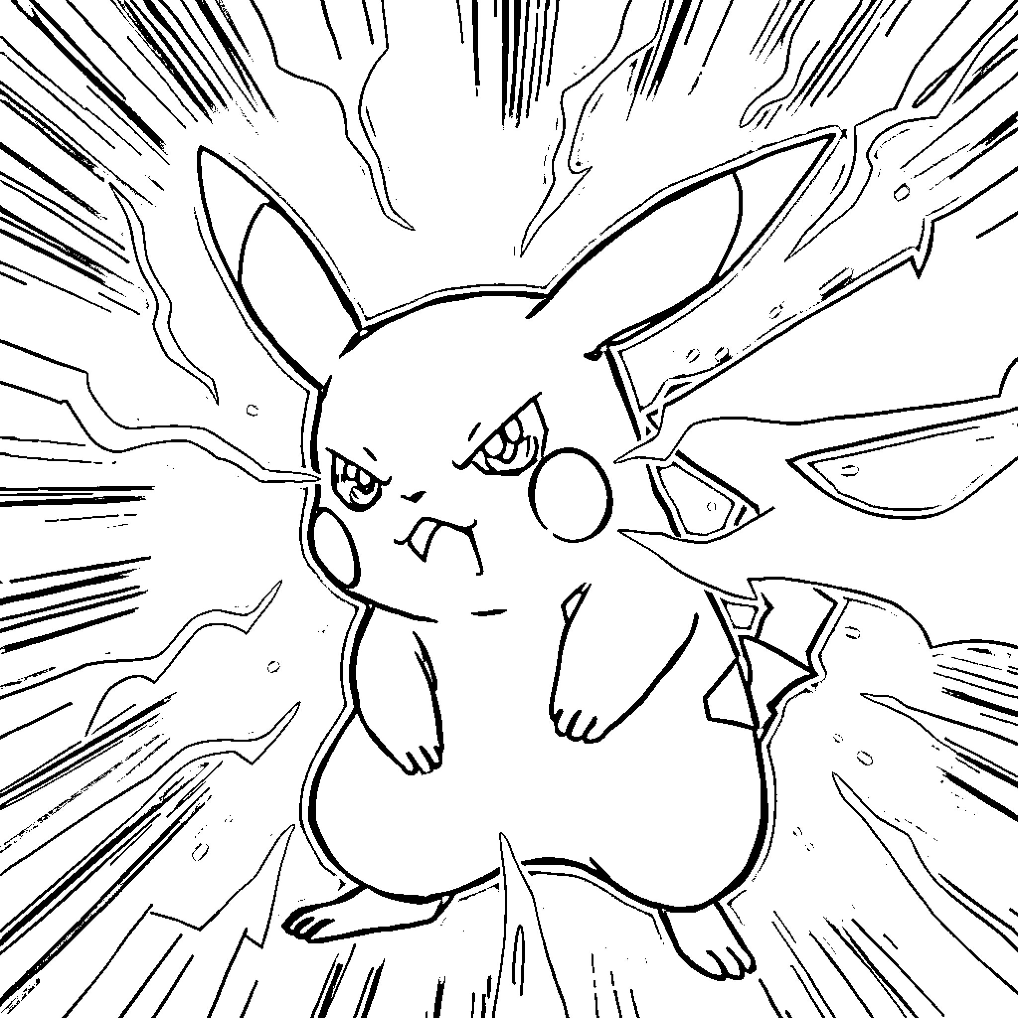 Pikachu unleashing powerful attack Coloring Page (free black-and-white line drawing printable PDF for all, from beginners to advanced learners, including children, teens, adults, and seniors)
