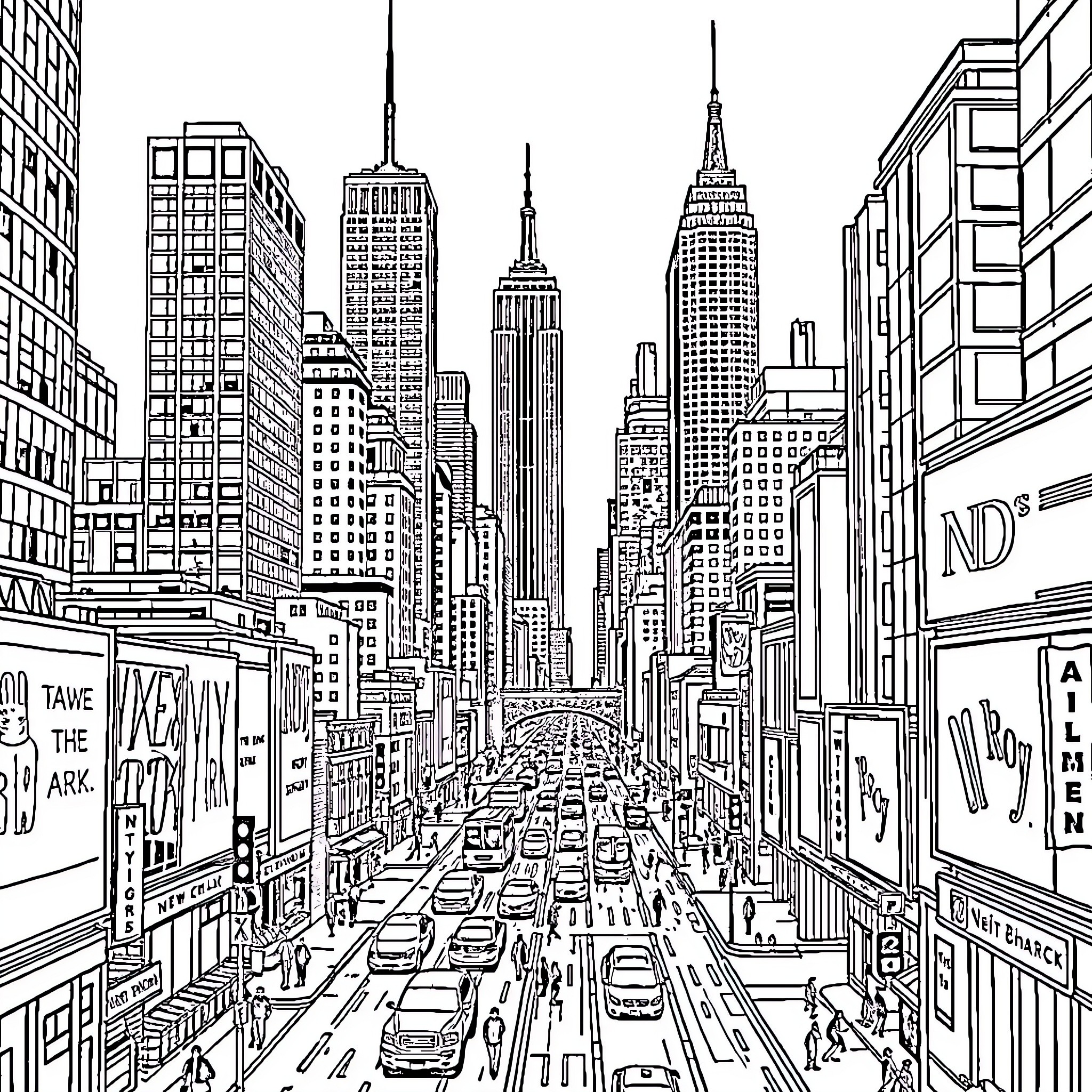 New York City street scene with bustling traffic and iconic skyscrapers Coloring Page (free black-and-white line drawing printable PDF for all, from beginners to advanced learners, including children, teens, adults, and seniors)