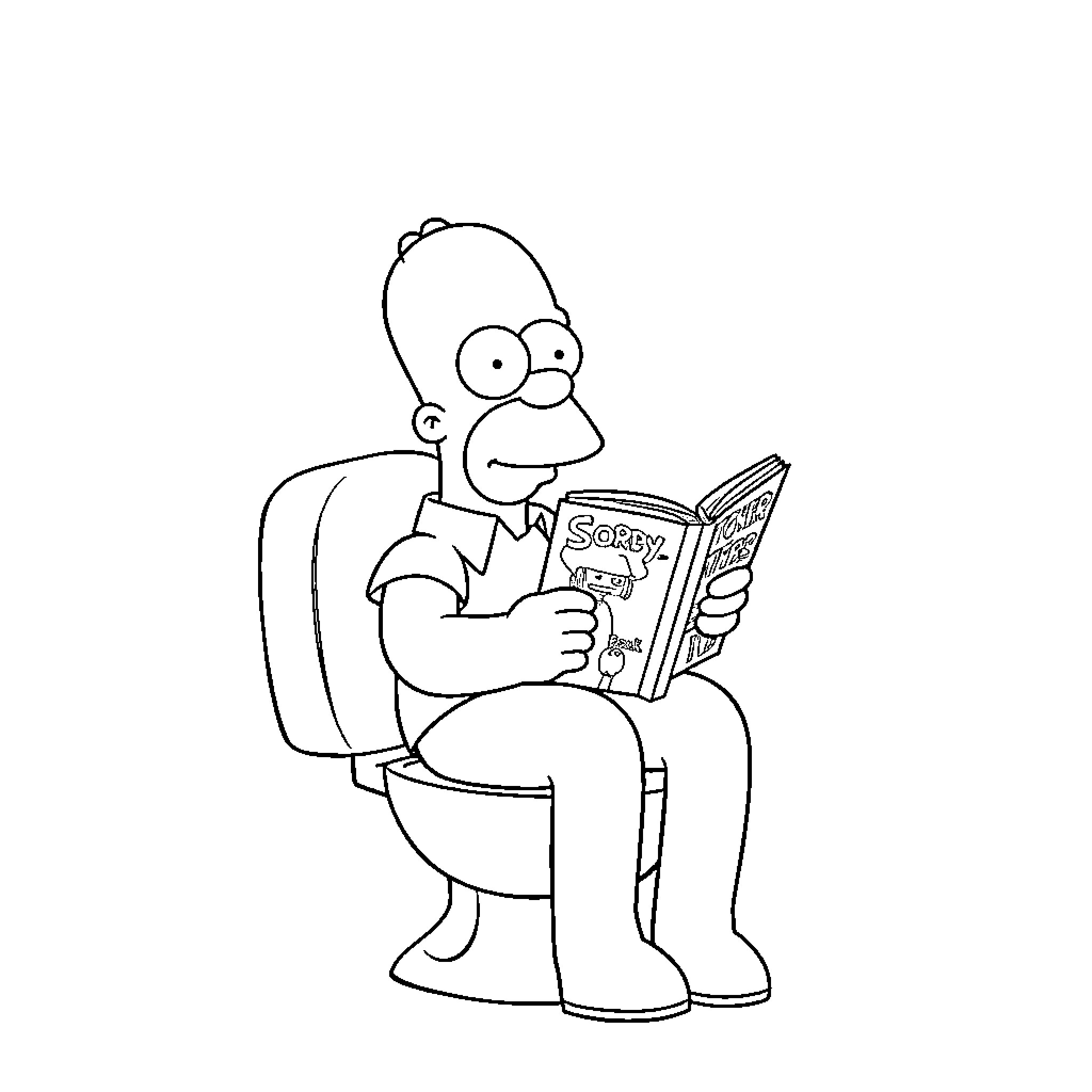 Homer Simpson reading a book on the toilet Coloring Page (free black-and-white line drawing printable PDF for all, from beginners to advanced learners, including children, teens, adults, and seniors)