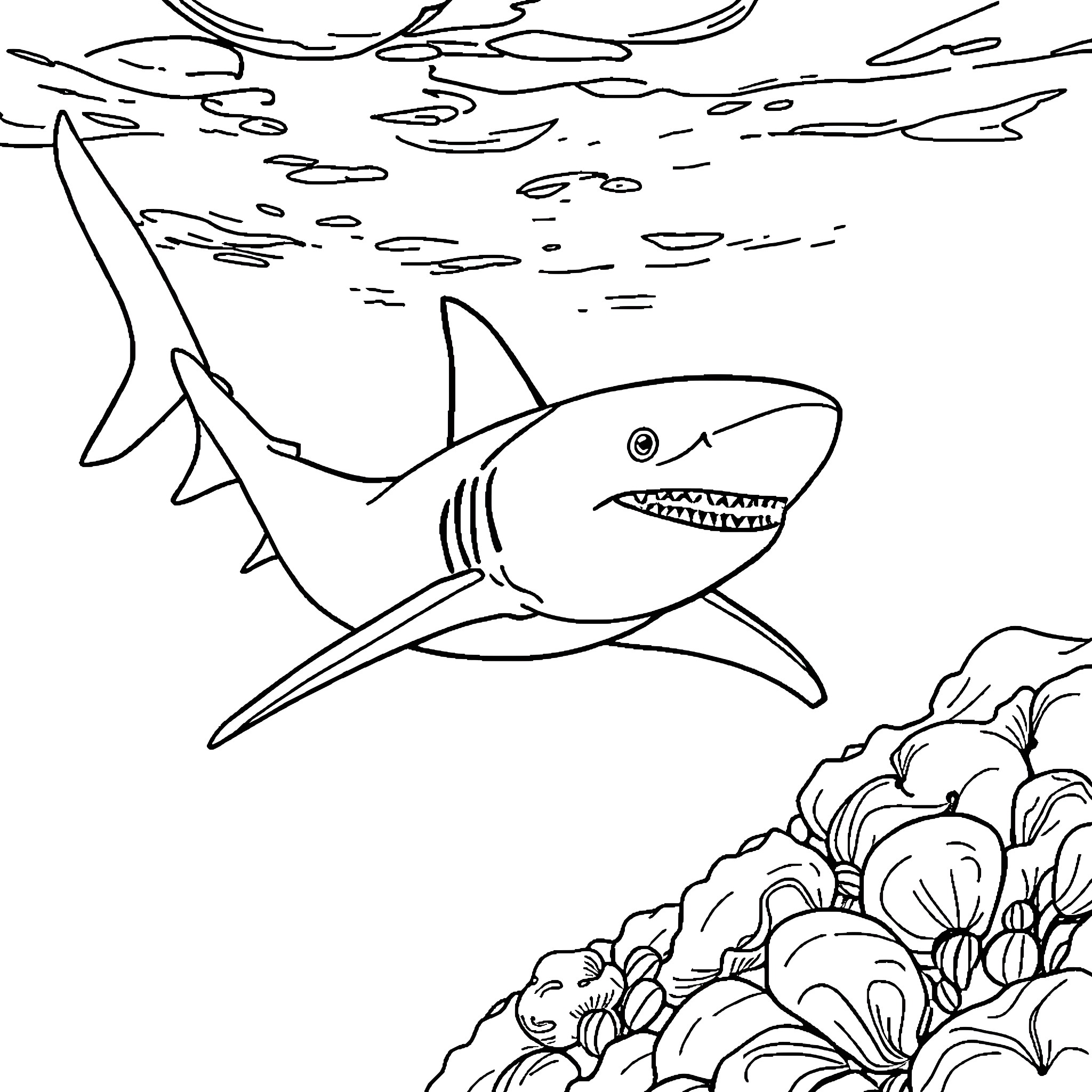 Shark hunting for prey in the ocean Coloring Page (free black-and-white line drawing printable PDF for all, from beginners to advanced learners, including children, teens, adults, and seniors)