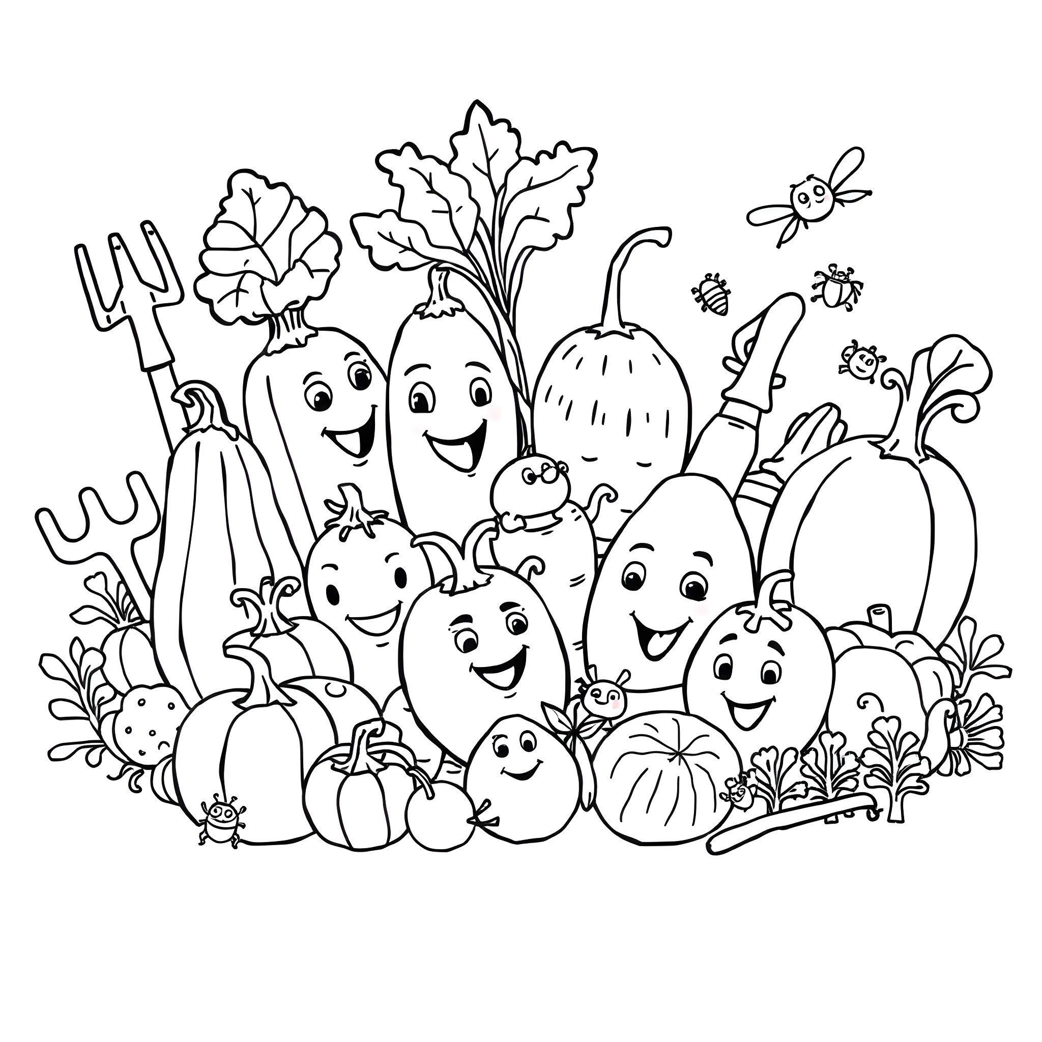 Vegetable friends in a whimsical garden scene Coloring Page (free black-and-white line drawing printable PDF for all, from beginners to advanced learners, including children, teens, adults, and seniors)