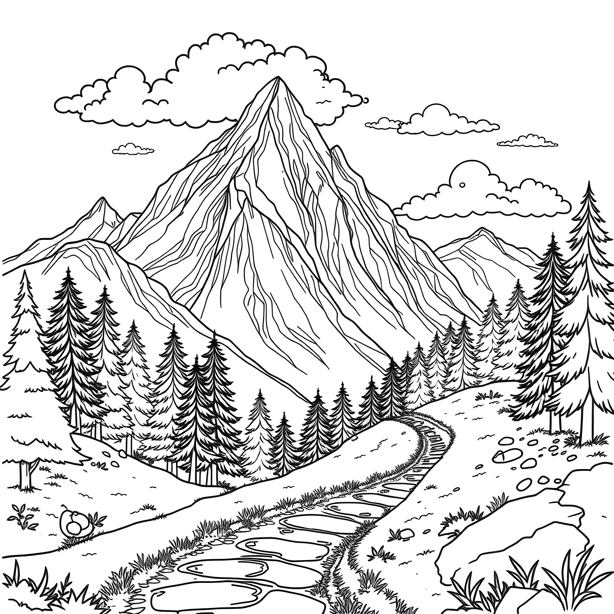 Bubble Boy exploring the majestic mountain landscape Coloring Page (free black-and-white line drawing printable PDF for all, from beginners to advanced learners, including children, teens, adults, and seniors)