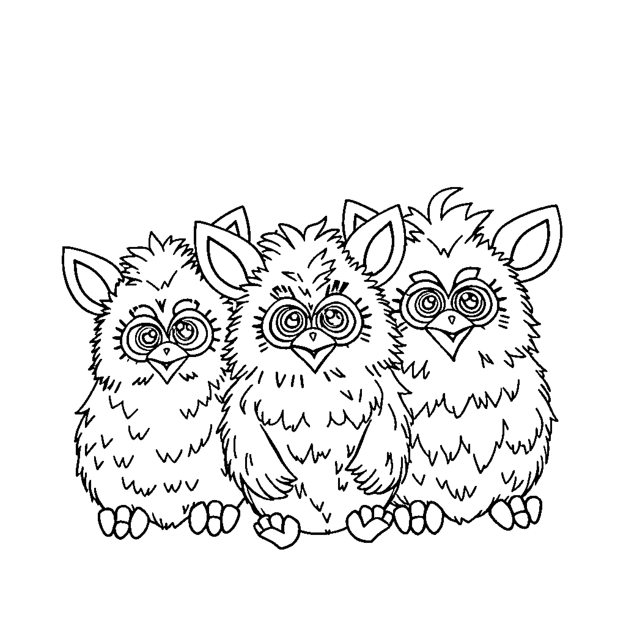 Furby family spending time together Coloring Page (free black-and-white line drawing printable PDF for all, from beginners to advanced learners, including children, teens, adults, and seniors)