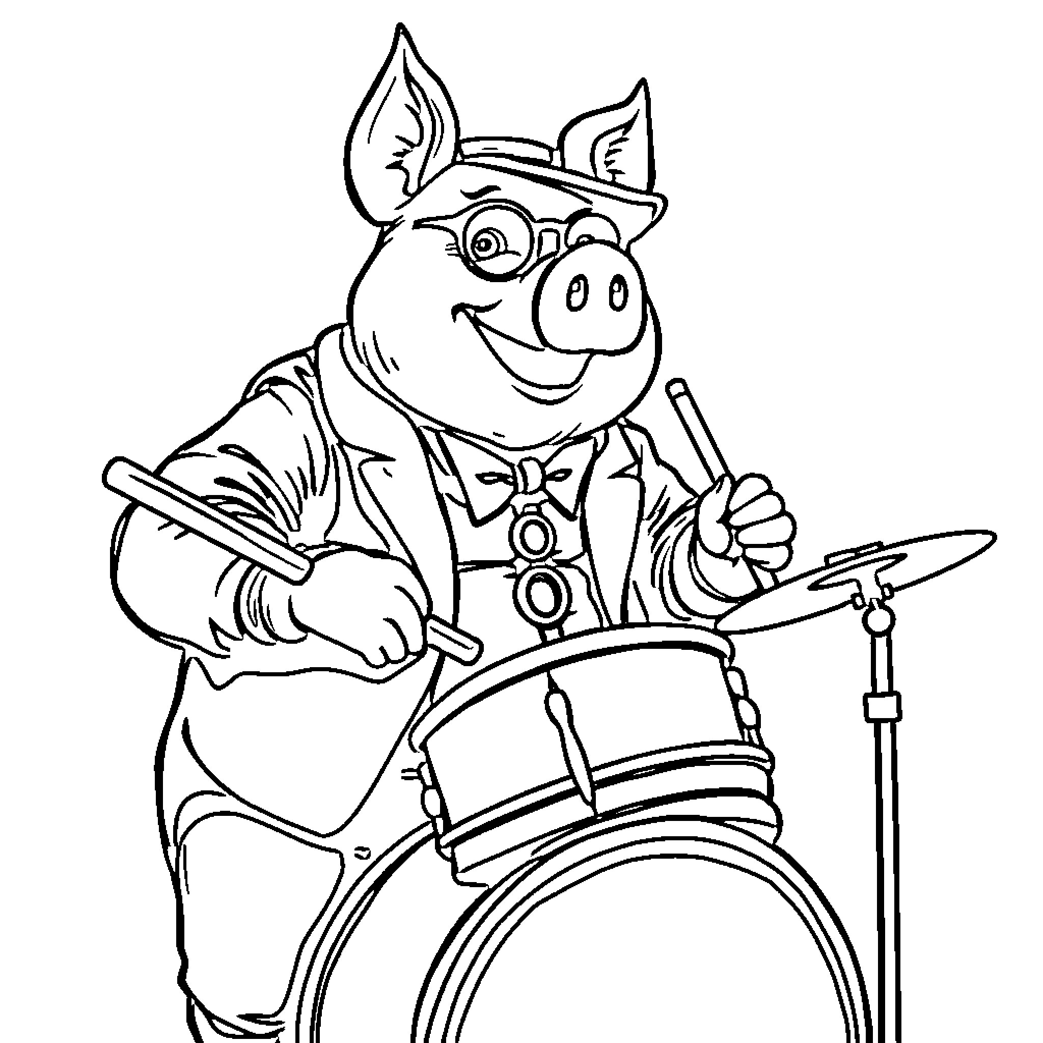 Pig drummer playing happily with drum set Coloring Page (free black-and-white line drawing printable PDF for all, from beginners to advanced learners, including children, teens, adults, and seniors)