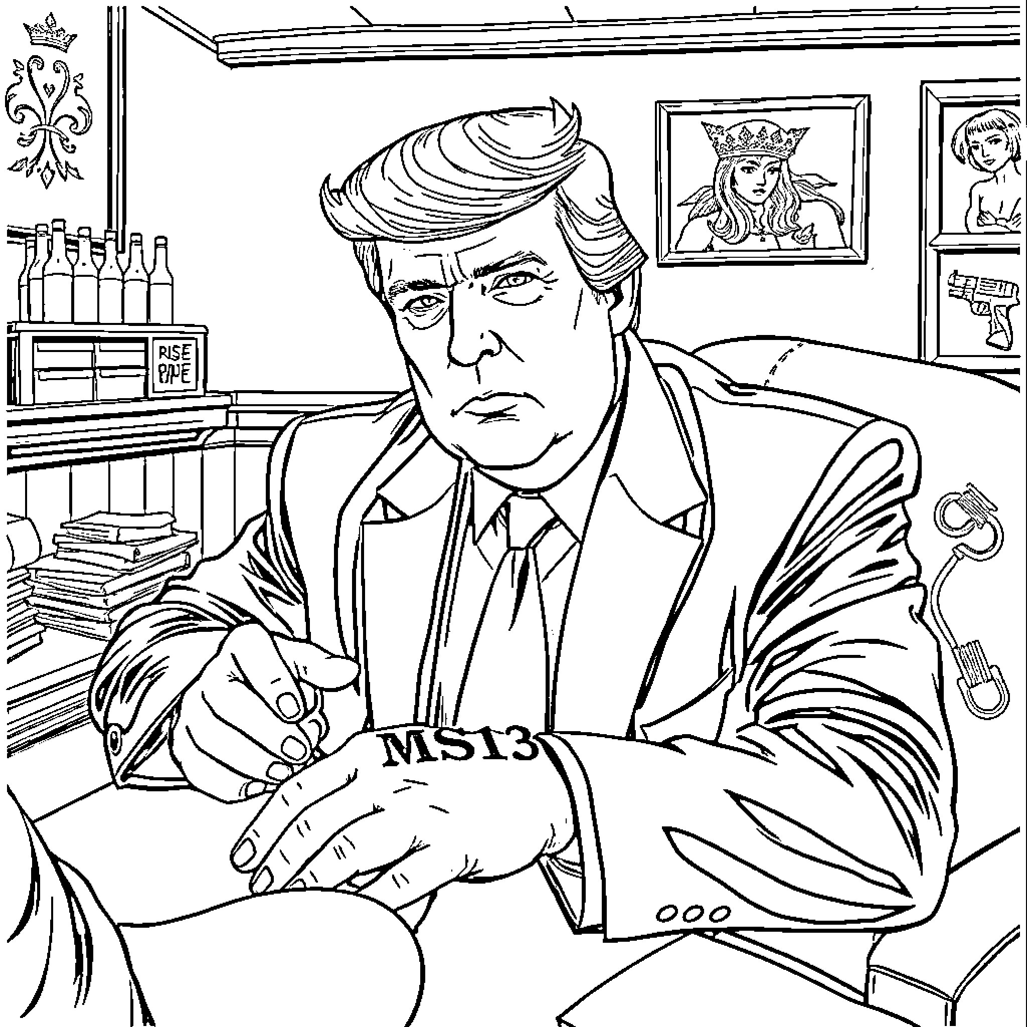 Donald Trump signing documents in the Oval Office Coloring Page (free black-and-white line drawing printable PDF for all, from beginners to advanced learners, including children, teens, adults, and seniors)